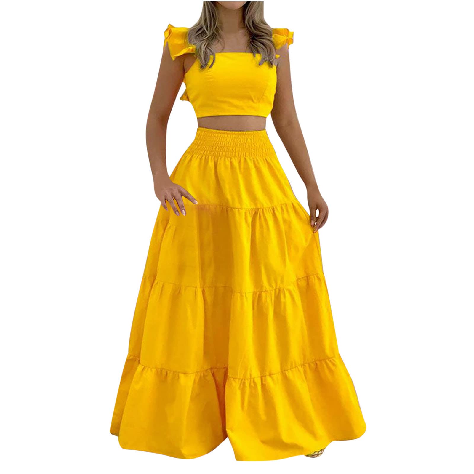 2 Piece Skirt Sets for Women - Summer Fashion Outfits with Ruffle Shoulder Straps & Sleeveless Crop Tops + A-Line Maxi Skirts | Beach Vacation, Date Night, Casual Wear