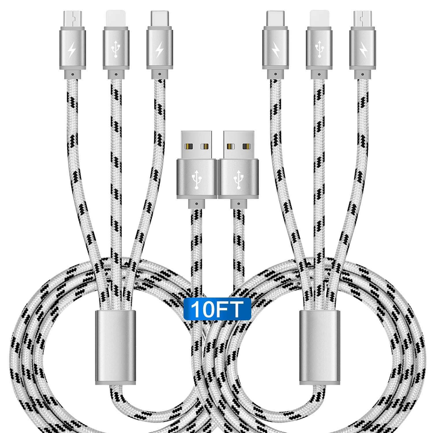 10Ft 3-in-1 Fast Charging Cable 3A Braided Nylon (2-Pack) - Multi-Port Charger with Lightning/Micro USB/Type C - Compatible with iPhone 16/15/14/13, Samsung Galaxy, Google Pixel, Tablets & More - Perfect for Home, Office & Travel Charging