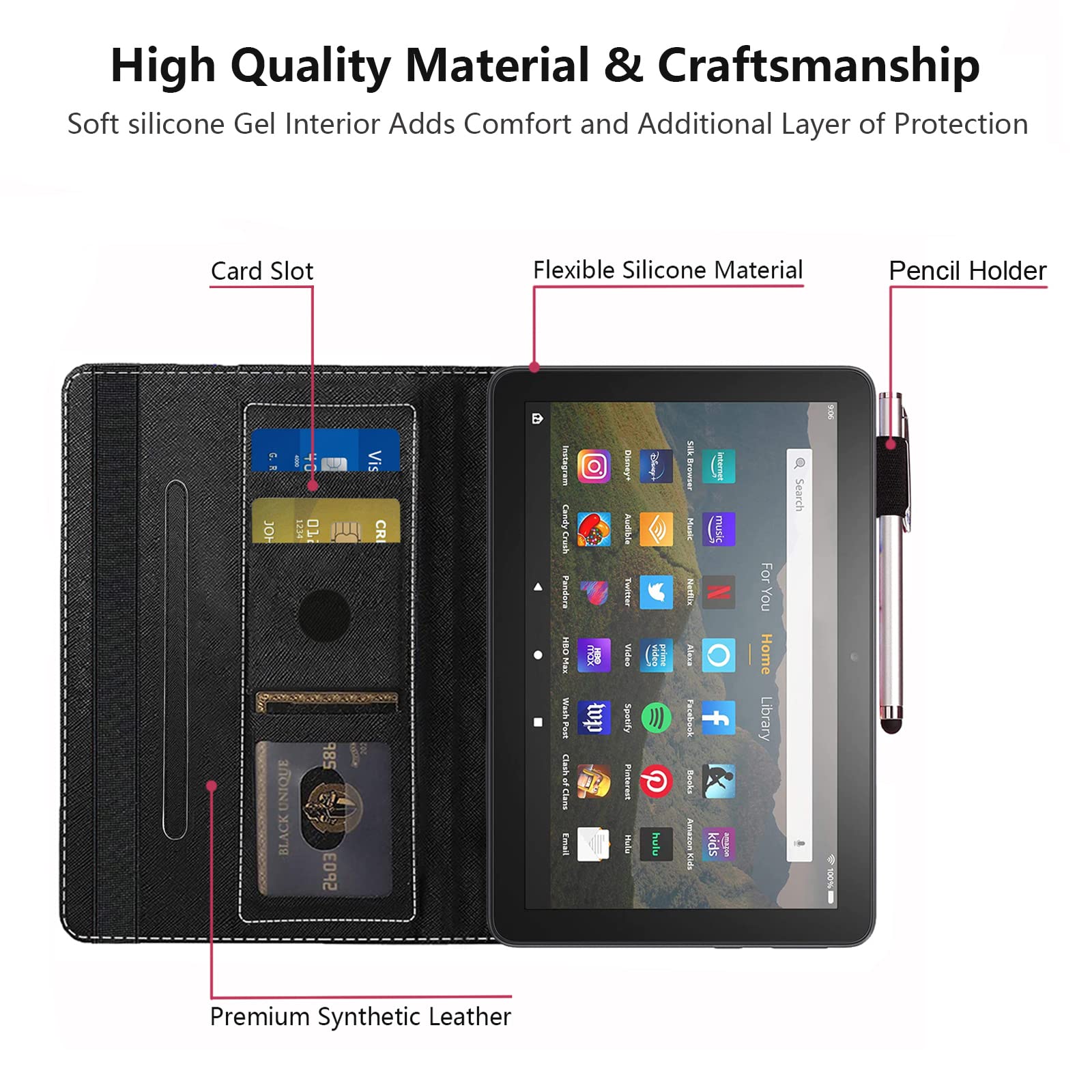 Premium PU Leather Case for All-New Kindle Fire HD 8/Fire HD 8 Plus Tablet (10th Gen, 2020) - Card Slot & Pencil Holder - Perfect for Work, Travel, and Reading Protection