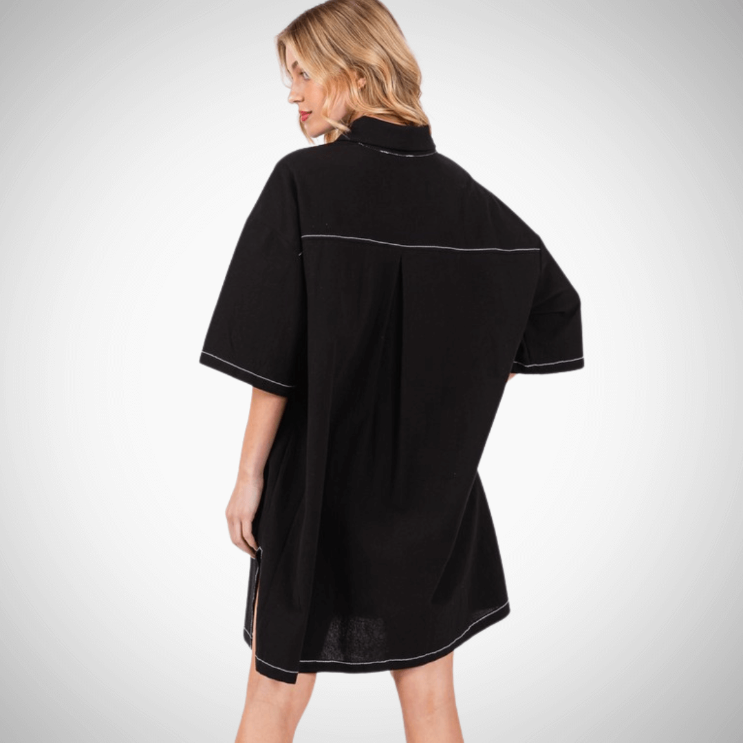Oversized Stitch Detail Shirt Dress - Made in USA | Women's Casual Boho Chic Long Sleeve Tunic Dress for Everyday Wear, Date Night & Office Outfits
