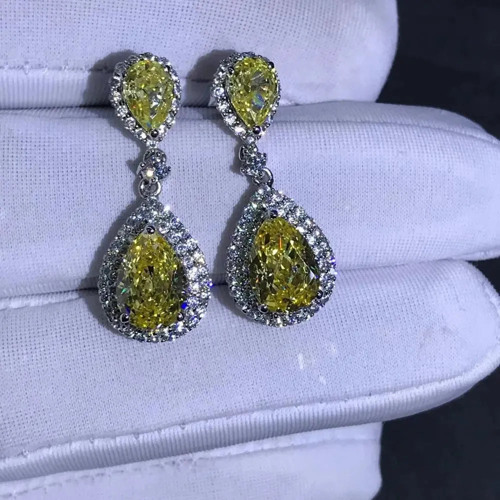 925 Sterling Silver Pear 3EX 3CT VVS Yellow Created Moissanite Drop Earrings - Customizable Wedding & Engagement Fine Jewelry for Brides, Anniversary Gifts & Special Occasions