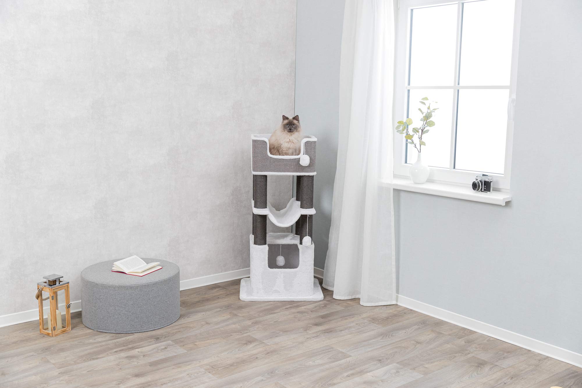 TRIXIE Lucano XXL 43-inch Cat Tower with Sisal Scratching Posts, Plush Condo & Cushions - Gray Cat Tree with Dangling Toys for Indoor Cats | Perfect for Play, Rest & Scratching in Home or Office