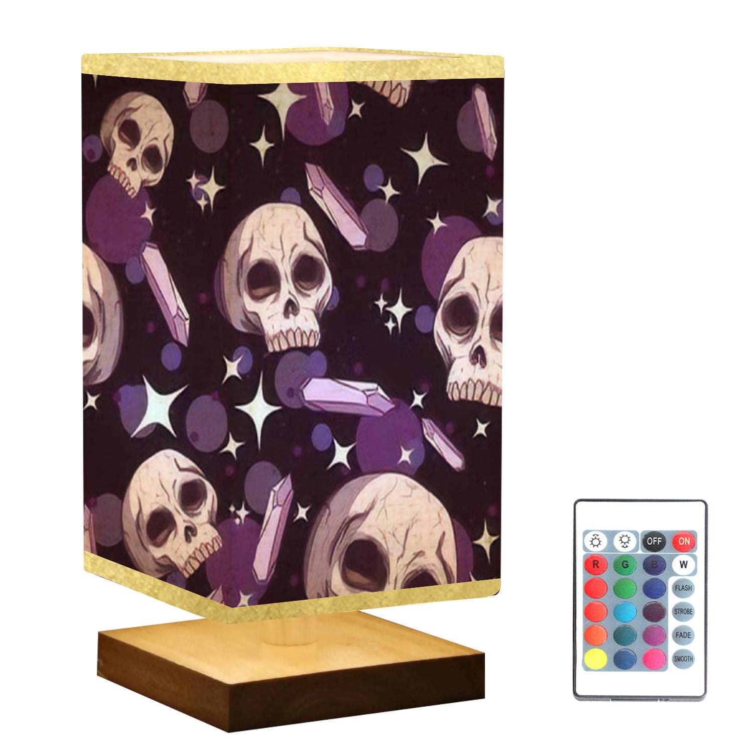 Square Bedside Table Lamp with Skulls, Amethysts & Stars - Occult Wiccan Wooden Base & Flaxen Fabric Shade - Dimmable Nightstand Lamp for Bedroom, Living Room - Perfect for Gothic Decor, Meditation Spaces & Witchy Aesthetic