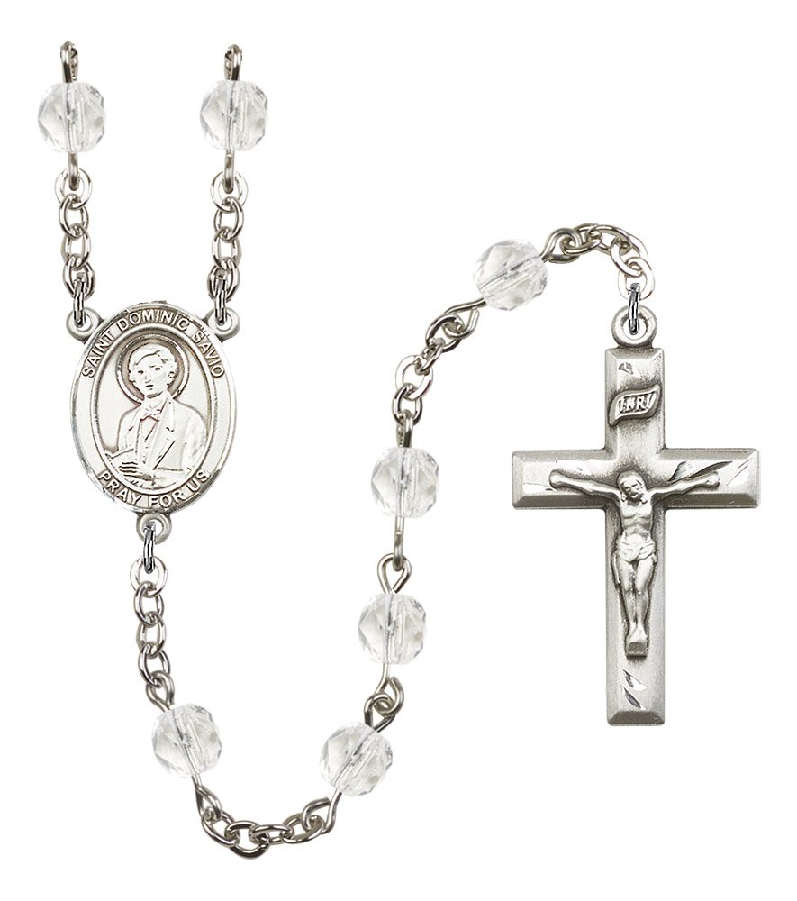 Silver Plate Rosary with 6mm Crystal Fire Polished Beads - 1 3/8 x 3/4 Crucifix & St. Dominic Savio Medal Centerpiece | Perfect for Catholic Prayer, Religious Gifts, and Spiritual Devotion