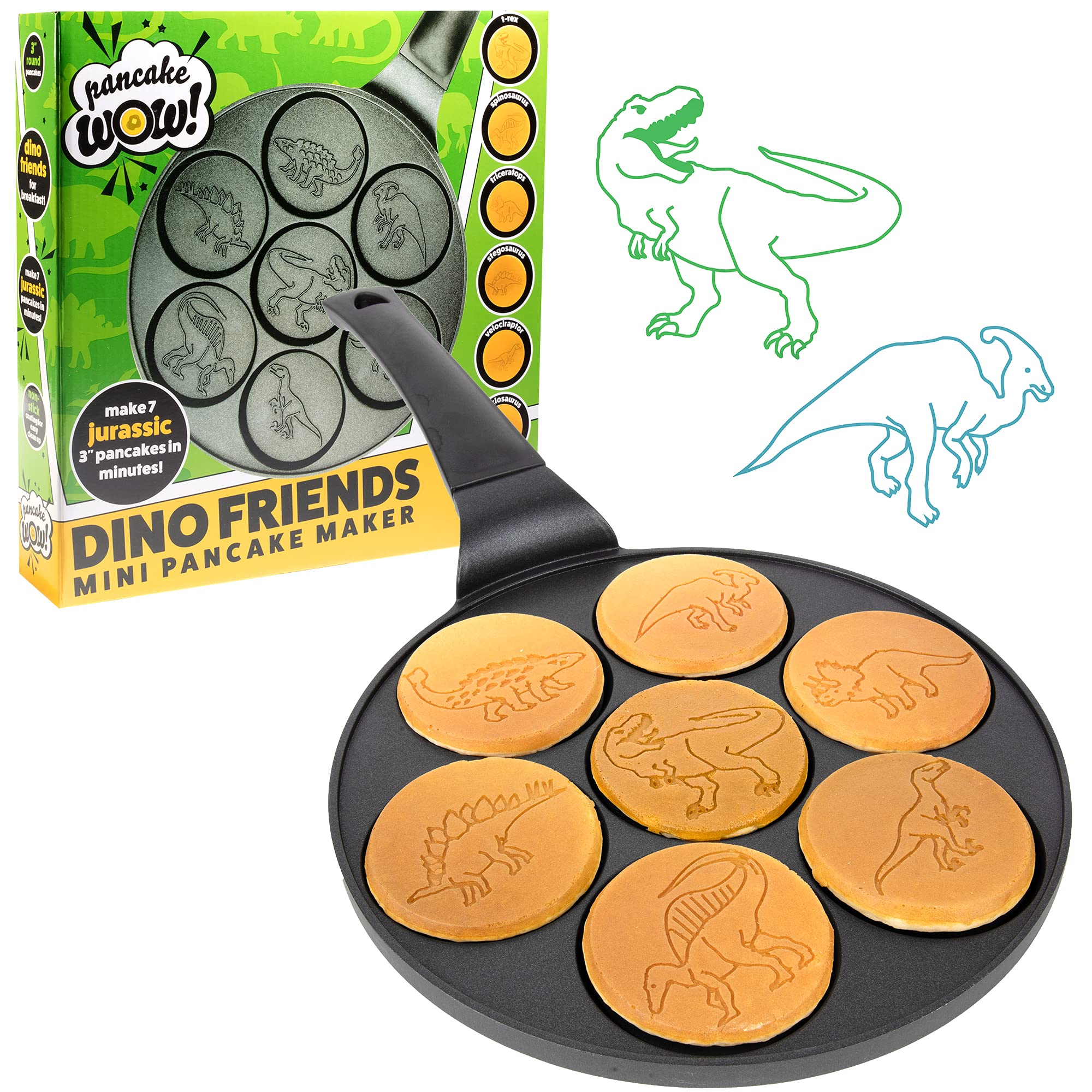 Dino Mini Pancake Pan - Nonstick Stovetop Griddle for Making 7 Unique Dinosaur-Shaped Pancakes | Perfect Kids Breakfast, Brunch & Jurassic-Themed Party Fun | Easy Clean & Long Handle Design | Great Gift for Boys & Dinosaur Lovers