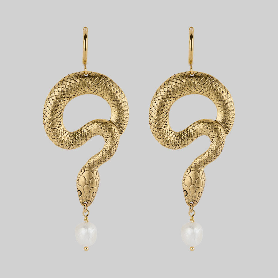 Serpentine Sea Snake & Pearl Hoop Earrings - 14K Gold Jewelry for Women, Elegant Dangle Earrings for Party, Wedding & Evening Wear