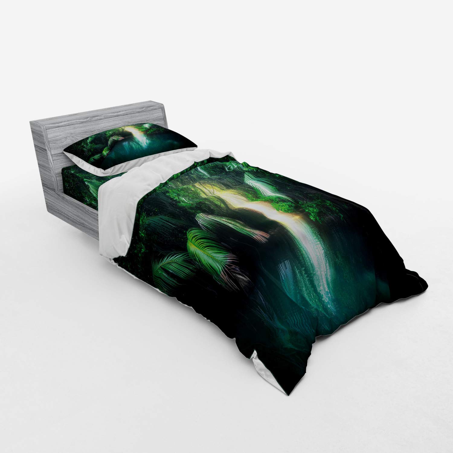 Ambesonne Jungle Duvet Cover Set | Tropical Lake Mangrove Rainforest Design | 3-Piece Bedding Set with Pillow Sham & Fitted Sheet | Twin XL Size | Green Teal | Perfect for Nature-Themed Bedrooms, Vacation Homes & Tropical Decor