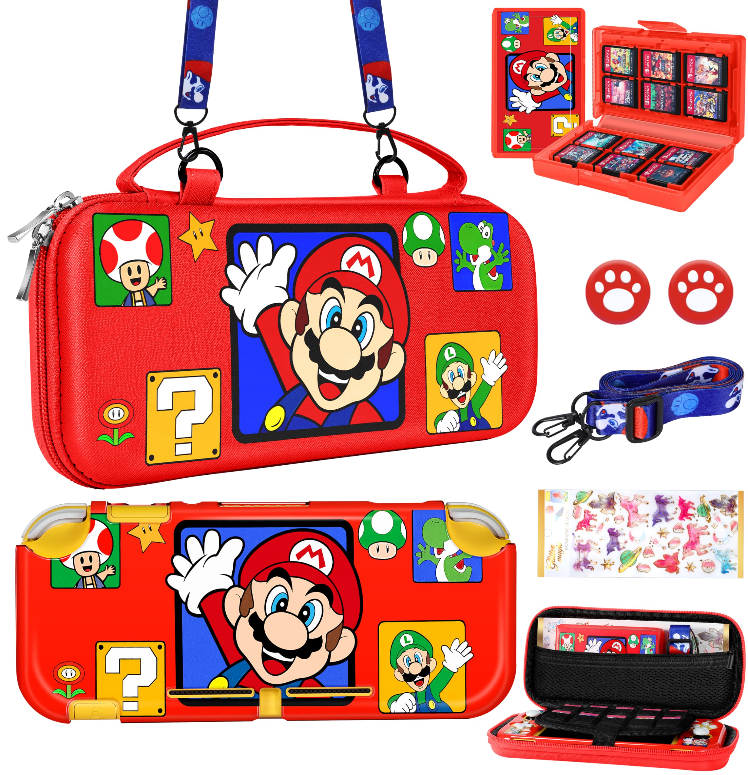 Xinocy 7-in-1 Nintendo Switch Lite Accessories Kit - Travel Carrying Case, Protective Cover, Game Holder, Strap, Stickers & Thumb Caps - Cute Shell Design for Kids & Girls (Red) - Perfect for Gaming On-The-Go & Travel Protection