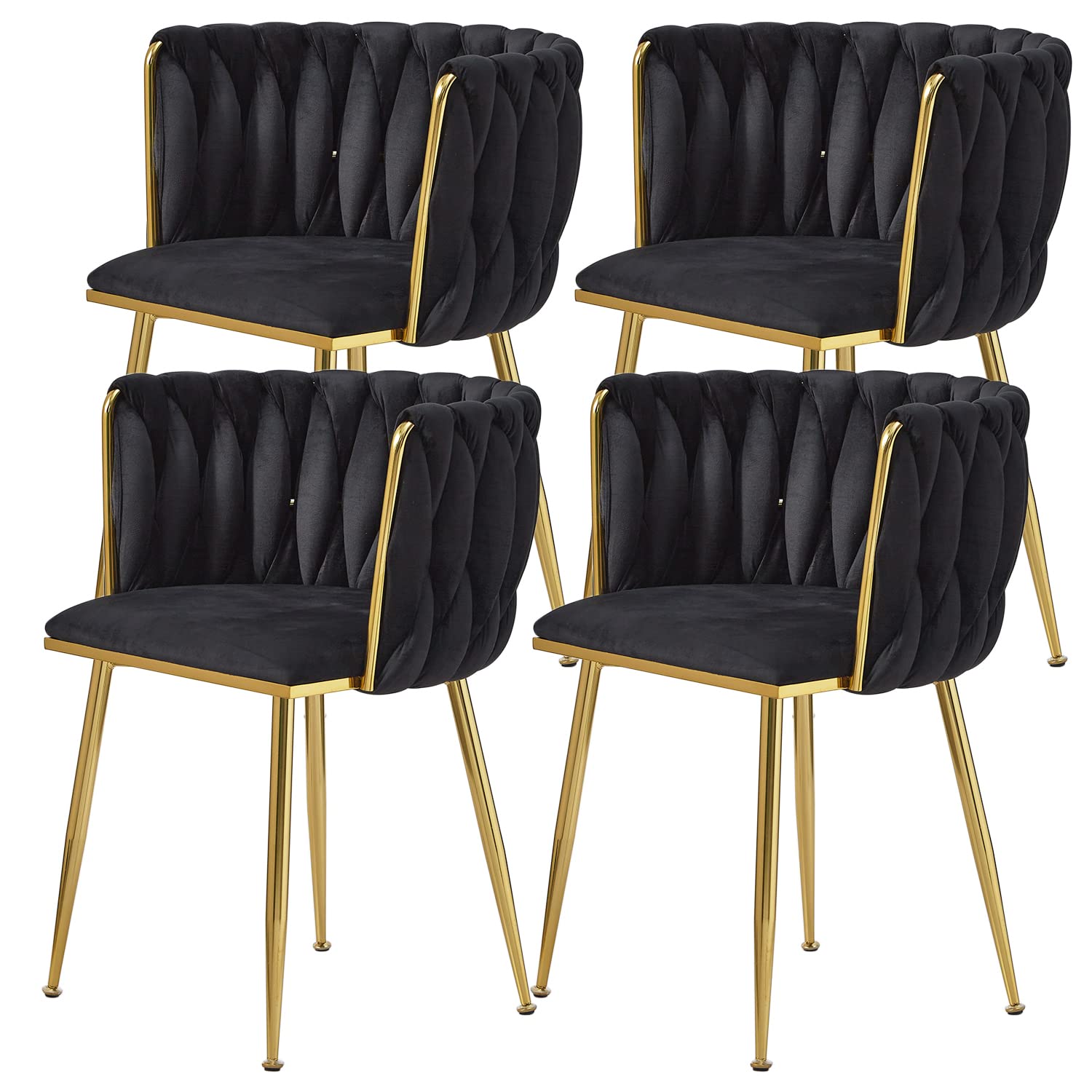Black Velvet Dining Chairs Set of 4 - Modern Upholstered Chairs with Golden Metal Legs & Woven Design for Dining Room, Kitchen, Living Room | Elegant Seating for Home Decor, Dinner Parties & Vanity Areas