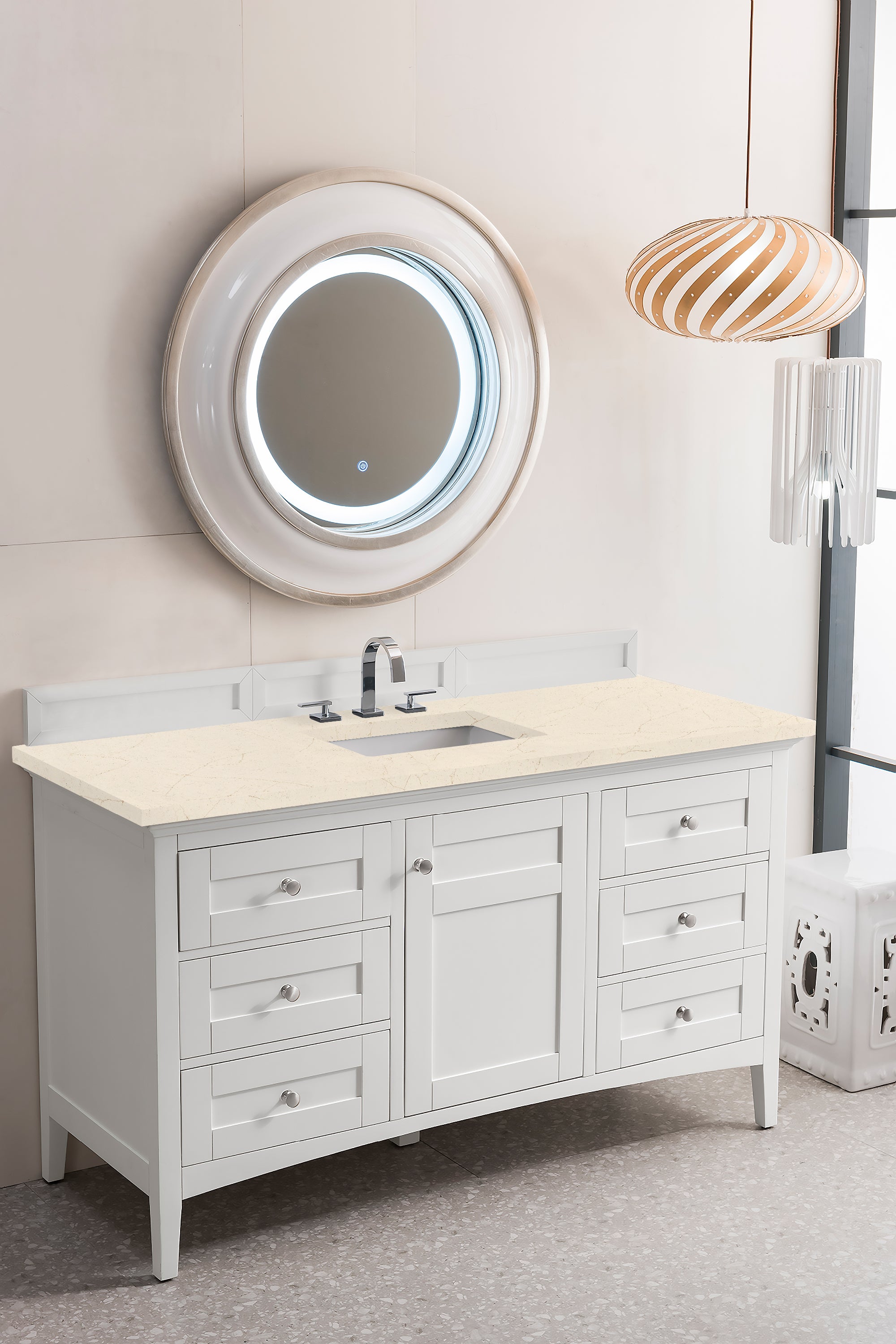 Palisades 60 Inch Single Bathroom Vanity with 3CM Eternal Marfil Quartz Countertop in Bright White - Perfect for Modern Master Bathrooms & Guest Baths