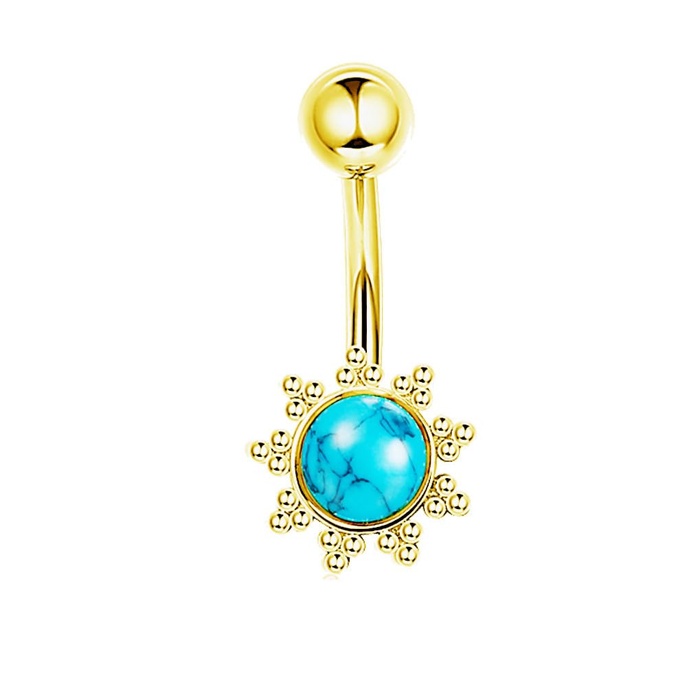 Turquoise Belly Button Ring for Women - 14K Gold Plated Boho Sunflower Navel Piercing Jewelry, Dainty Belly Ring for Summer Outfits & Beach Vacations | Flower Turquoise-Gold Belly Ring