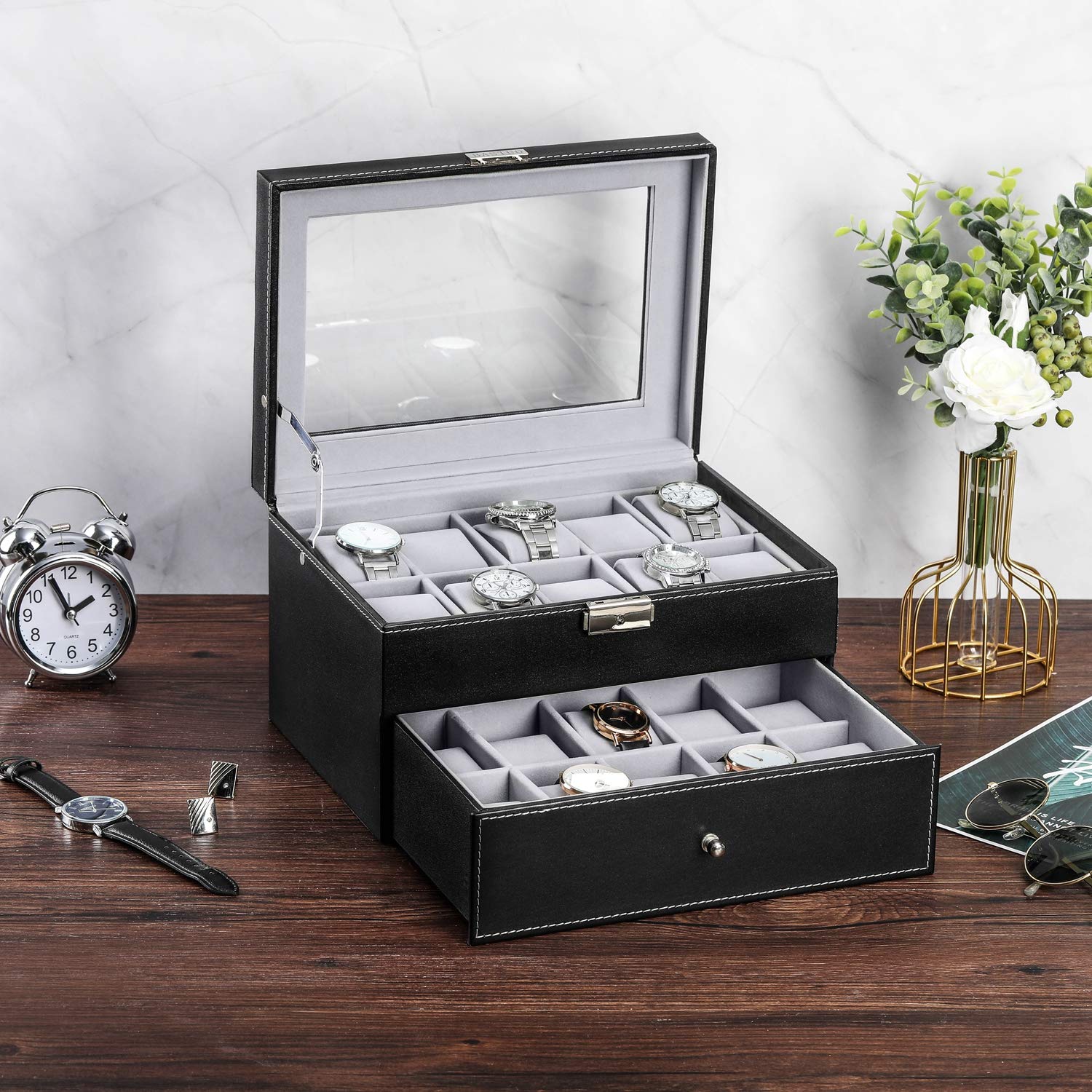 Premium 20-Slot Watch Box for Men - PU Leather Watch Display Case with Large Glass Top - Luxury Watch & Jewelry Organizer - Perfect for Travel, Gifts & Home Storage