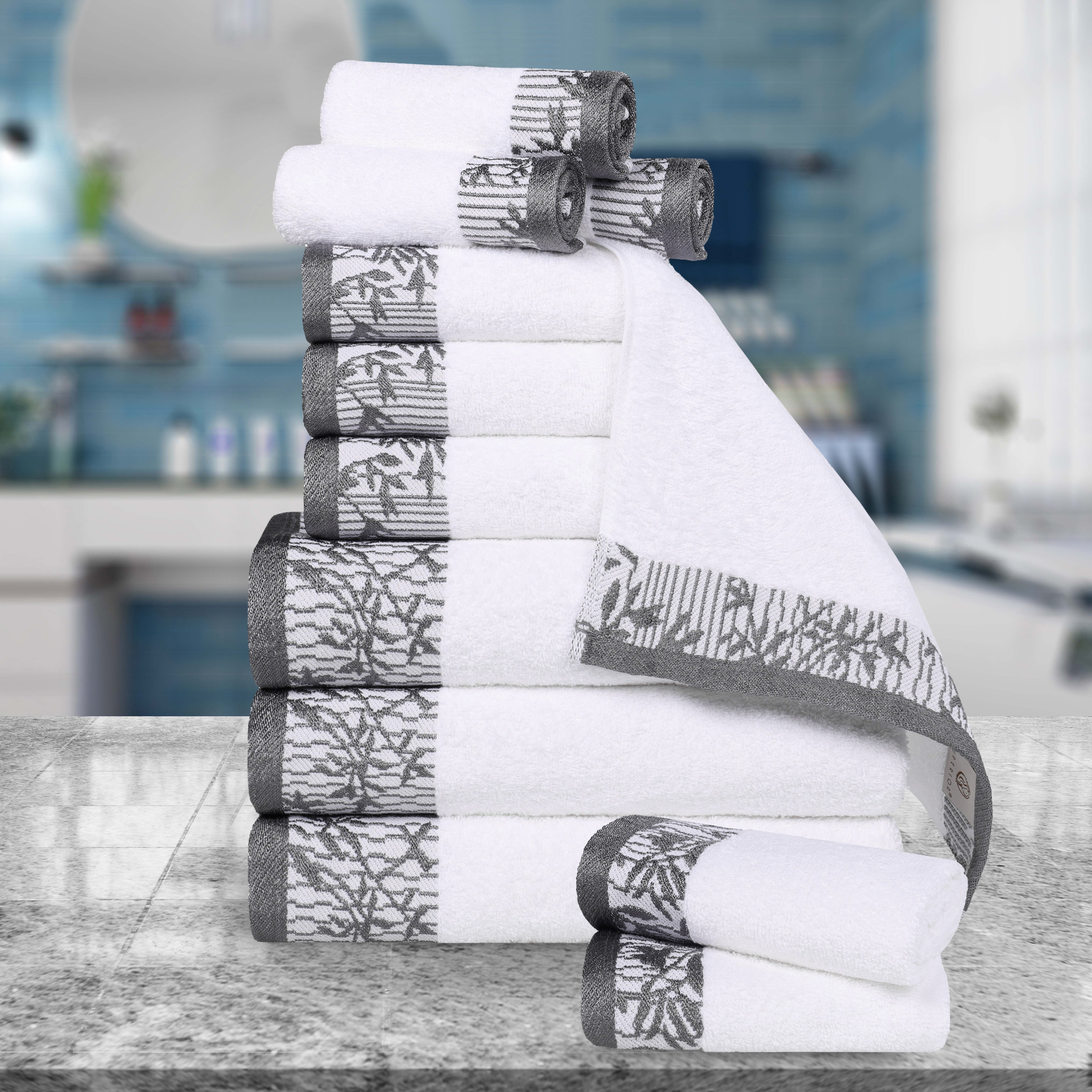 12-Piece Wisteria Cotton Floral Embroidered Jacquard Bath Towel Set | Luxury Soft Absorbent Towels for Spa, Bathroom & Guest Use