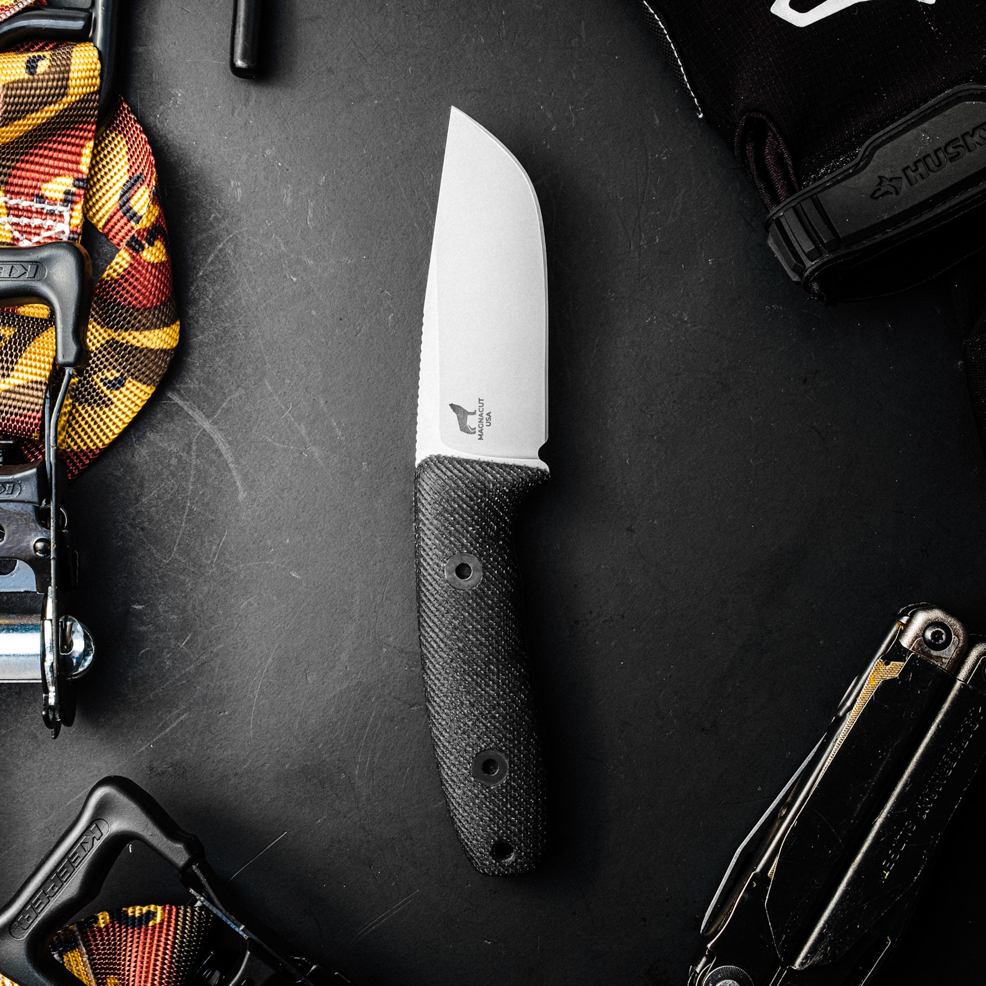 CPM MagnaCut EDC Fixed Blade Knife - Stonewashed Circadian Clip Point with Black Canvas Micarta Handle | Perfect for Outdoor Camping, Hunting & Everyday Carry