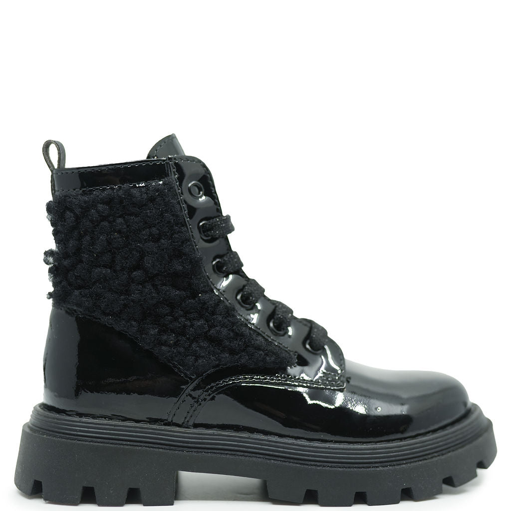 Beberlis Black Patent Leather Shearling Booties for Women - Stylish Winter Ankle Boots for Casual Outfits & Cold Weather