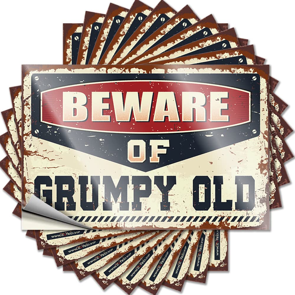 Funny Car Stickers and Decals - 10 Pack Beware of Grumpy Old Man Signs for Men's Cave Decor (6x9cm) - Perfect for Car Windows, Garage Walls, and Man Cave Accessories