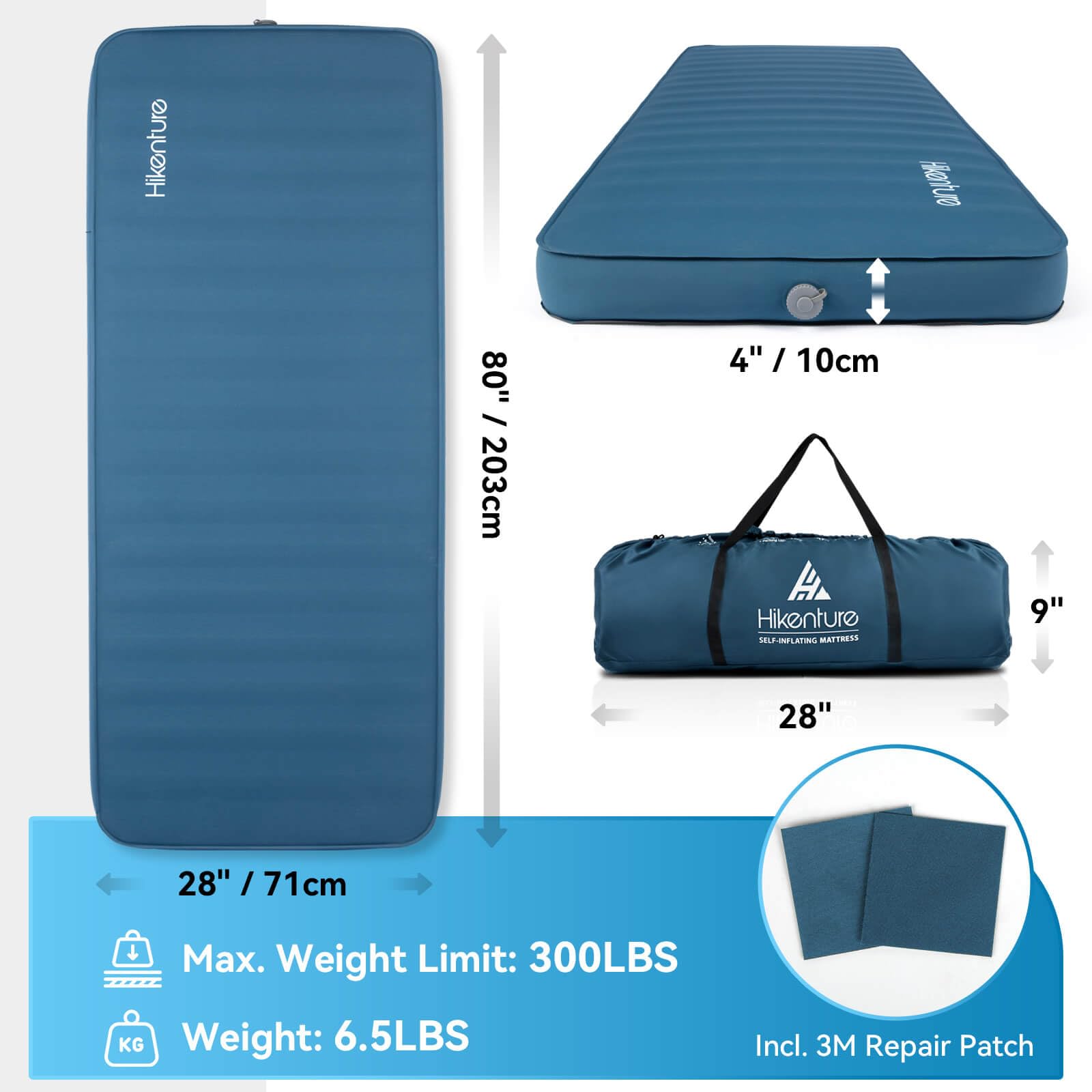 Hikenture 4 Inch Thick Self Inflating Sleeping Pad - 9.5 R Value Insulated Camping Mattress with Pump Sack, Lightweight Portable Foam Inflatable Camping Mat for Backpacking, Hiking & 4-Season Outdoor Adventures