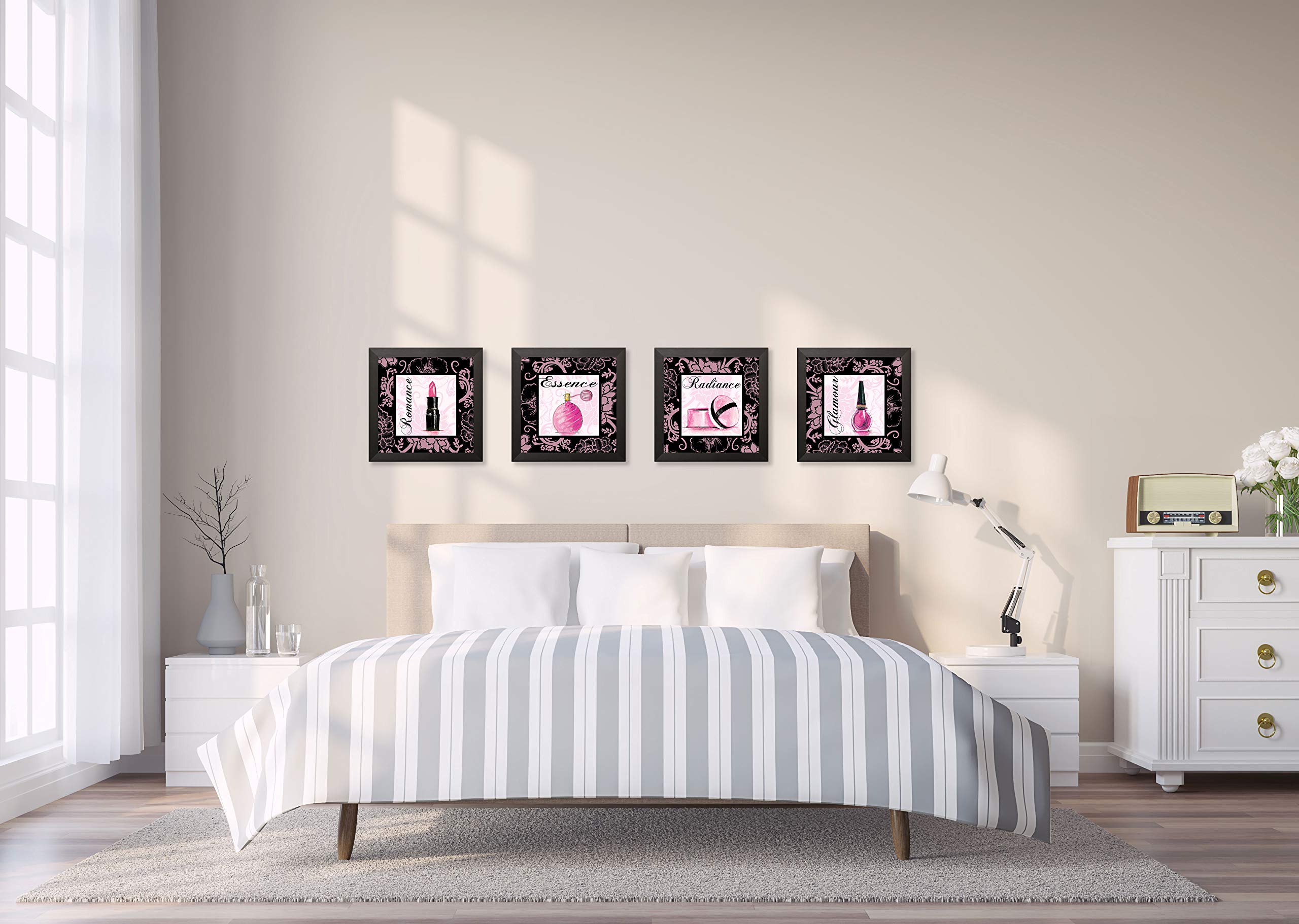 Gregory Gorham Pink Romance Makeup Art Print Set - 4 Framed 12x12 Inch Black & White Wall Decor for Bedroom, Living Room, Bathroom | Ready to Hang Home & Office Artwork