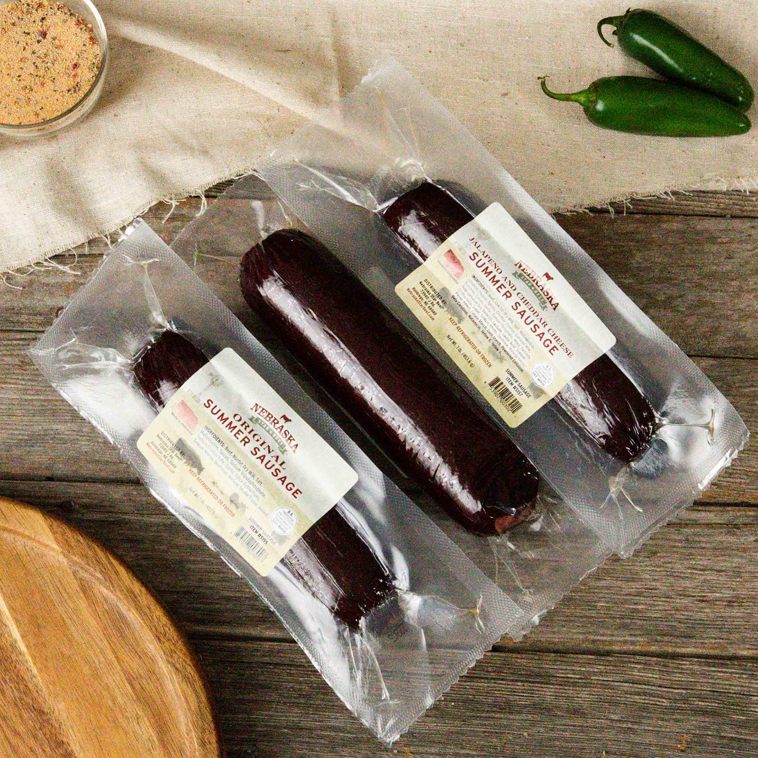 Premium Nebraska Star Beef All-Natural Summer Sausage Variety Pack - Original, Cheddar Cheese & Jalapeño Cheddar (3 Pack) | High-Quality Beef Snacks for Camping, Hiking, Picnics and Party Platters