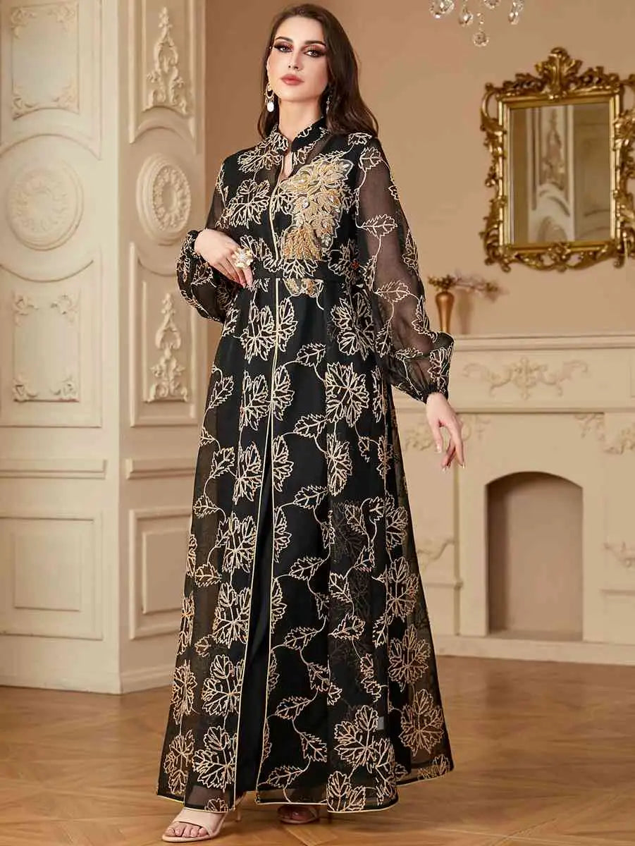 2 Piece Eid Embroidery Dress Set - Flowy Caftan Kaftan with Matching Sleeveless Inner Dress | Elegant Muslim Women's Outfit for Eid Celebrations, Parties & Special Occasions