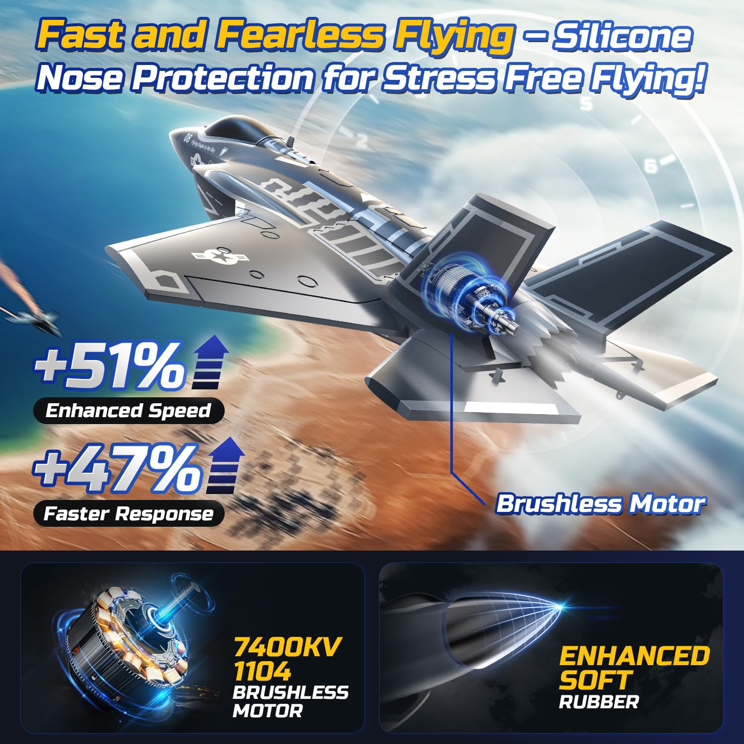 DEERC F35 4 Channel Brushless RC Plane for Adults - 2.4GHz Remote Control Airplane with 6-Axis Gyro Stabilizer, RTF Ducted Fan Fighter Jet - Easy to Fly Hobby Aircraft for Advanced Players | Outdoor Flying, Backyard Fun & RC Aviation Enthusiasts