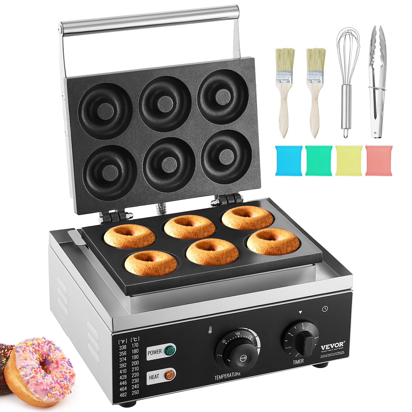 VEVOR 1550W Commercial Electric Donut Maker Machine - 6 Hole Non-Stick Waffle Iron with Double-Sided Heating (122-572℉) for Restaurants, Bakeries & Home Use - Perfect for Breakfast, Parties & Small Business Snack Production
