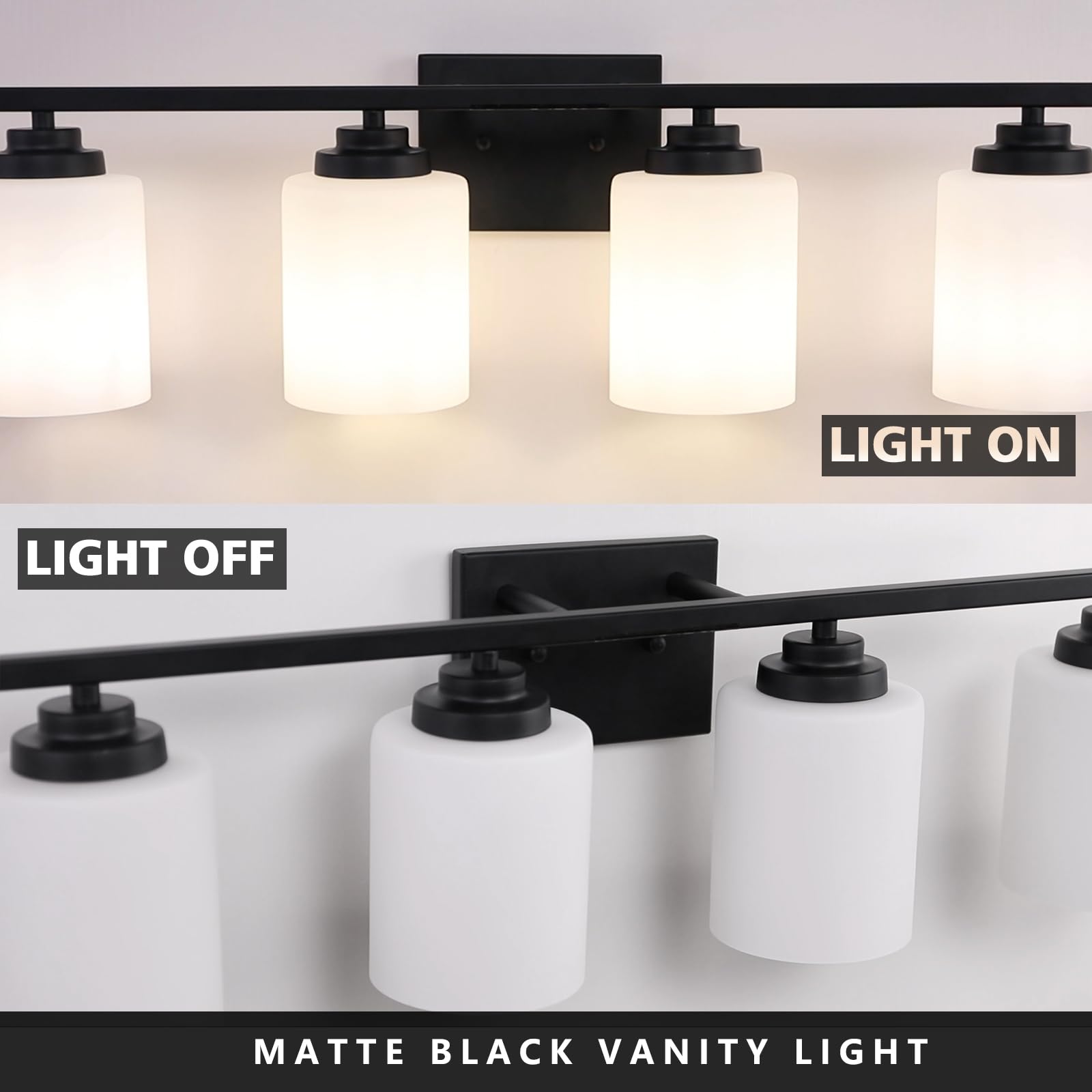 Black Bathroom Light Fixtures - 4-Light Rustproof Vanity Light, 27-Inch Modern Wall Mount Lighting with Milky White Glass, Standard E26 Base - Perfect for Bathroom Vanity, Living Room, and Bedroom Lighting