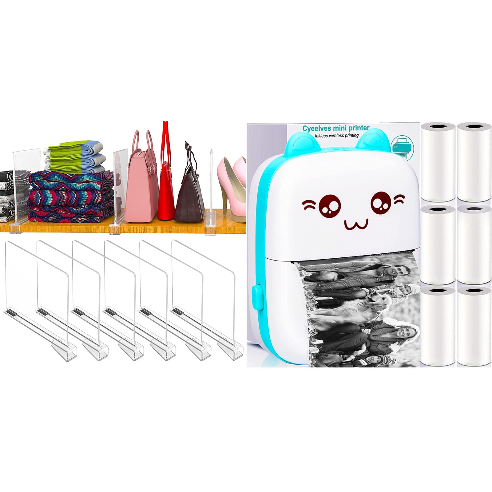 6-Pack Clear Acrylic Shelf Dividers for Closet Organization - Wooden Purse Organizer & Space Separator - Includes Mini Portable Thermal Printer with 6 Paper Rolls - Perfect for Closet Storage, Handbag Display & Home Office Labeling