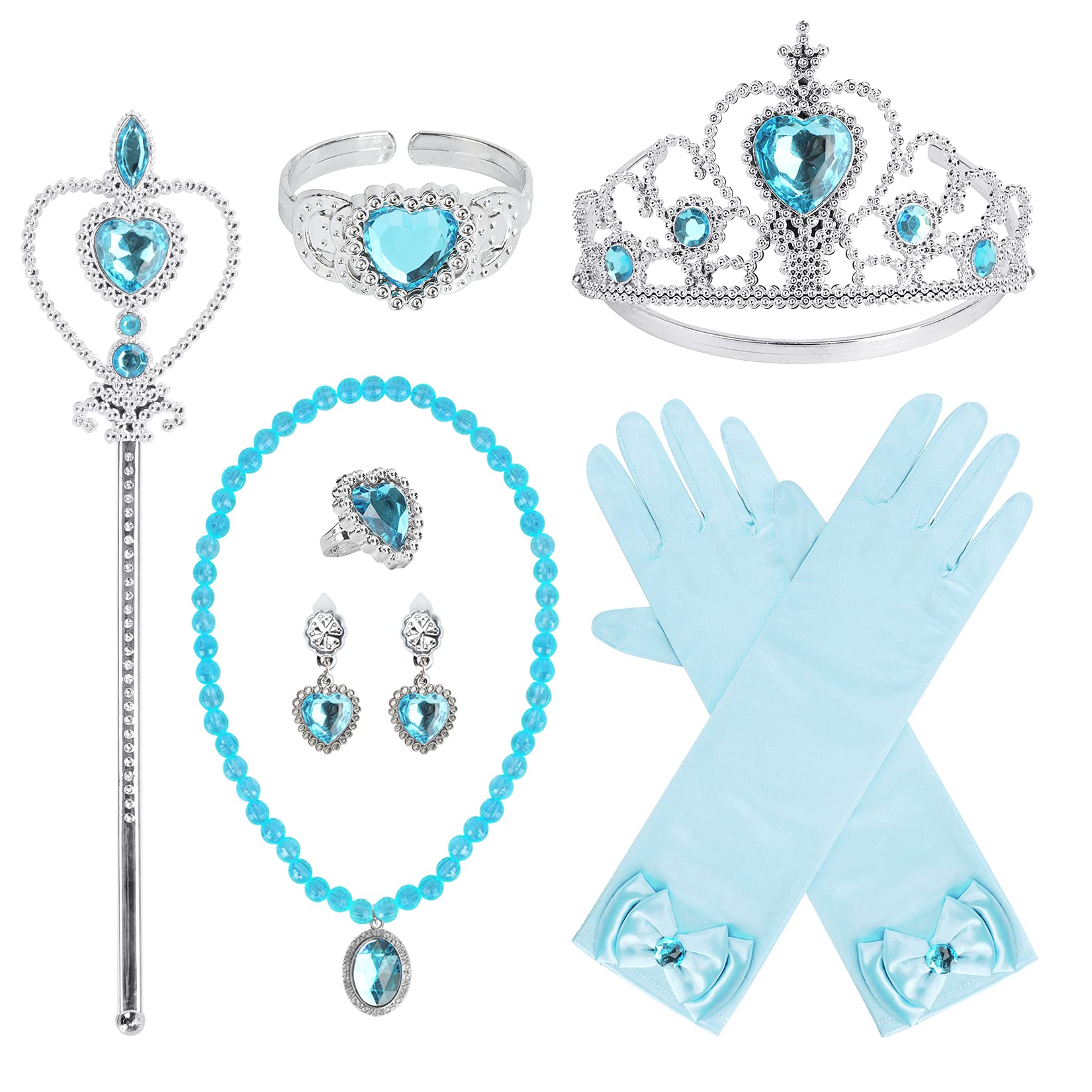 Royal Princess Dress Up Party Costume Set - Gloves, Tiara, Wand, Necklace, Earrings, Bracelet & Ring (9pc Blue) | Perfect for Birthday Parties, Halloween Costumes & Pretend Play