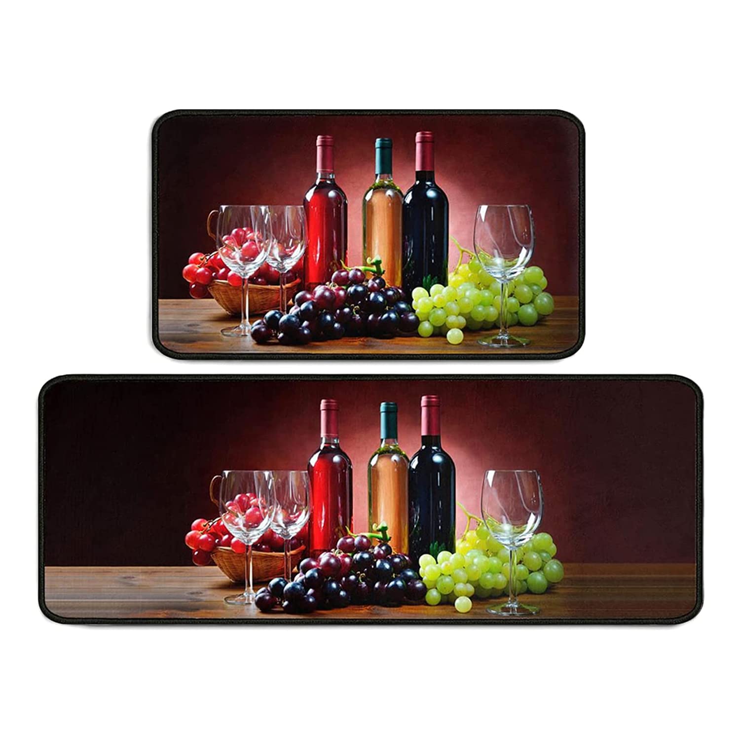 2-Piece Non-Slip Washable Microfiber Kitchen Rug Set - 3D Wine Glass Design Absorbent Floor Mat (17