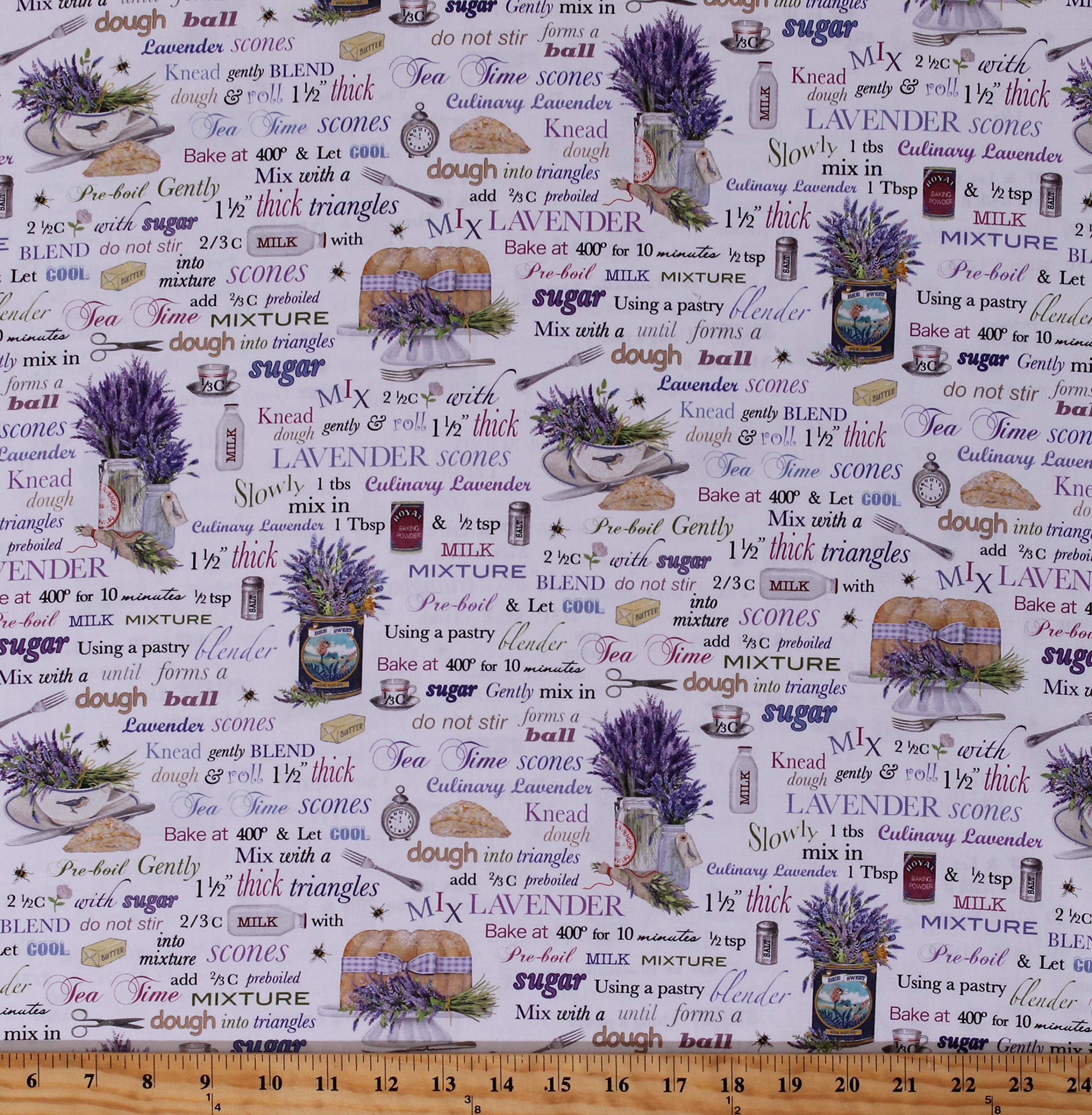 Lavender Cotton Fabric Print by The Yard - Kitchen Baking & Recipe Book Design for Scones, Pastry Chef & Everyday Favorites (D768.44) | Perfect for DIY Aprons, Table Runners & Home Decor