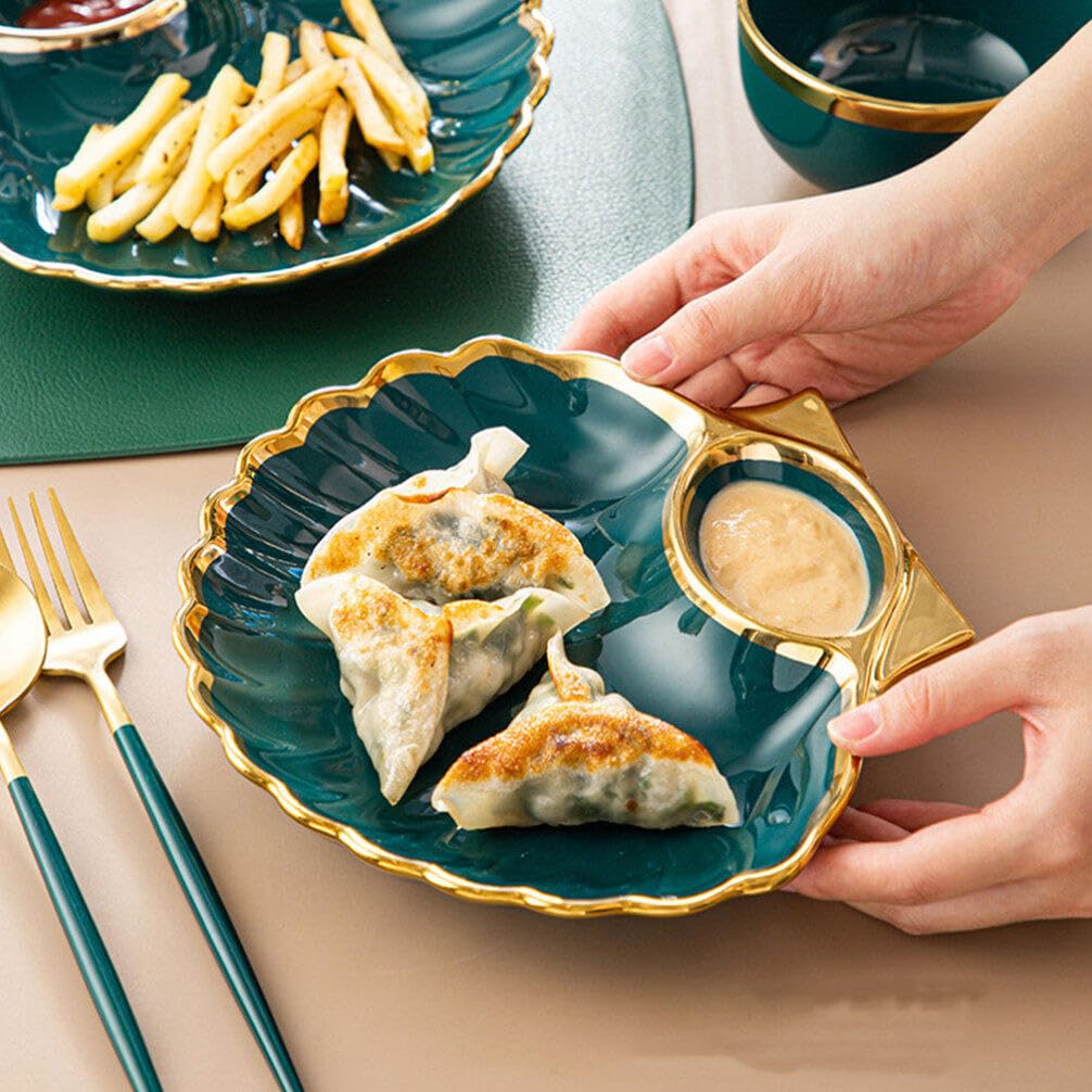 DOITOOL Ceramic Sushi Plate with Sauce Compartment - Seashell Shaped Japanese Sushi Serving Dish for Sushi, Dumplings & Snacks - Elegant Home & Kitchen Dinnerware (Green) | Perfect for Parties, Restaurants & Asian Cuisine Lovers