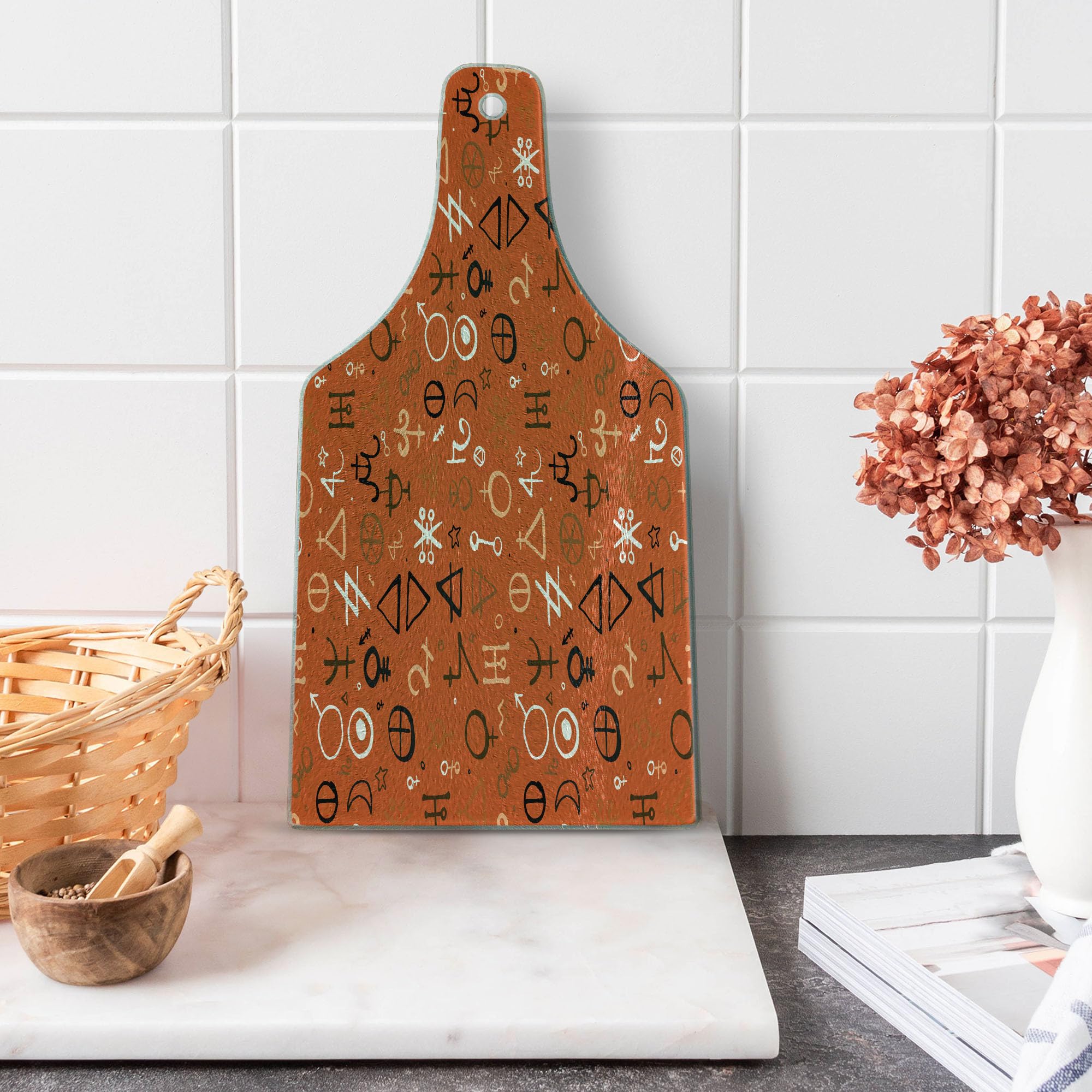 Ambesonne Bohemian Tempered Glass Cutting Board - Western Aztec Design, Wine Bottle Shape in Burnt Orange & Peach | Decorative Serving Board for Charcuterie, Cheese, and Wine Pairing | Perfect for Kitchen, Dining, and Entertaining