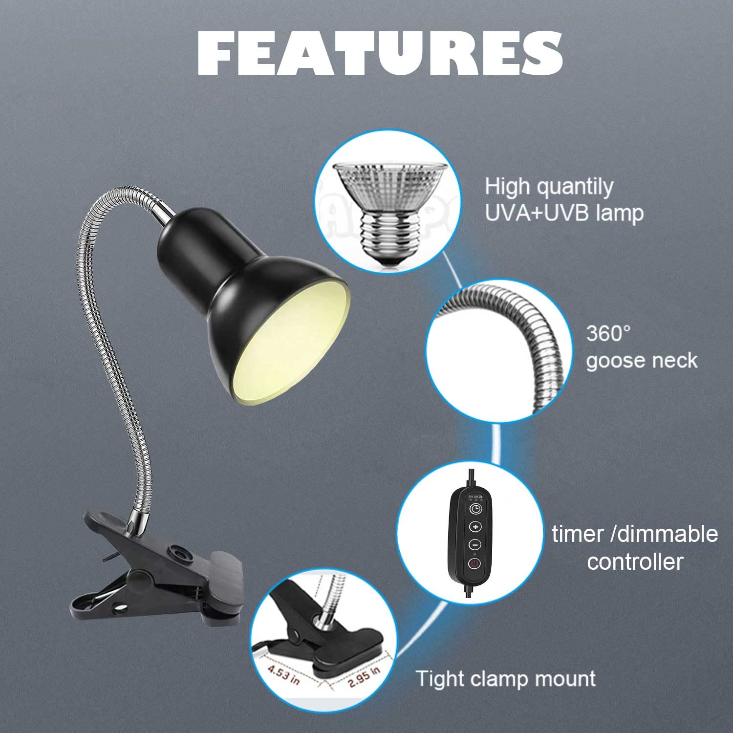 Reptile Heat Lamp with Timer - UVA UVB Basking Light for Turtles & Lizards - Dimmable 25W/50W Heat Lamp with 360° Adjustable Clamp - Perfect for Terrariums, Vivariums & Reptile Habitats