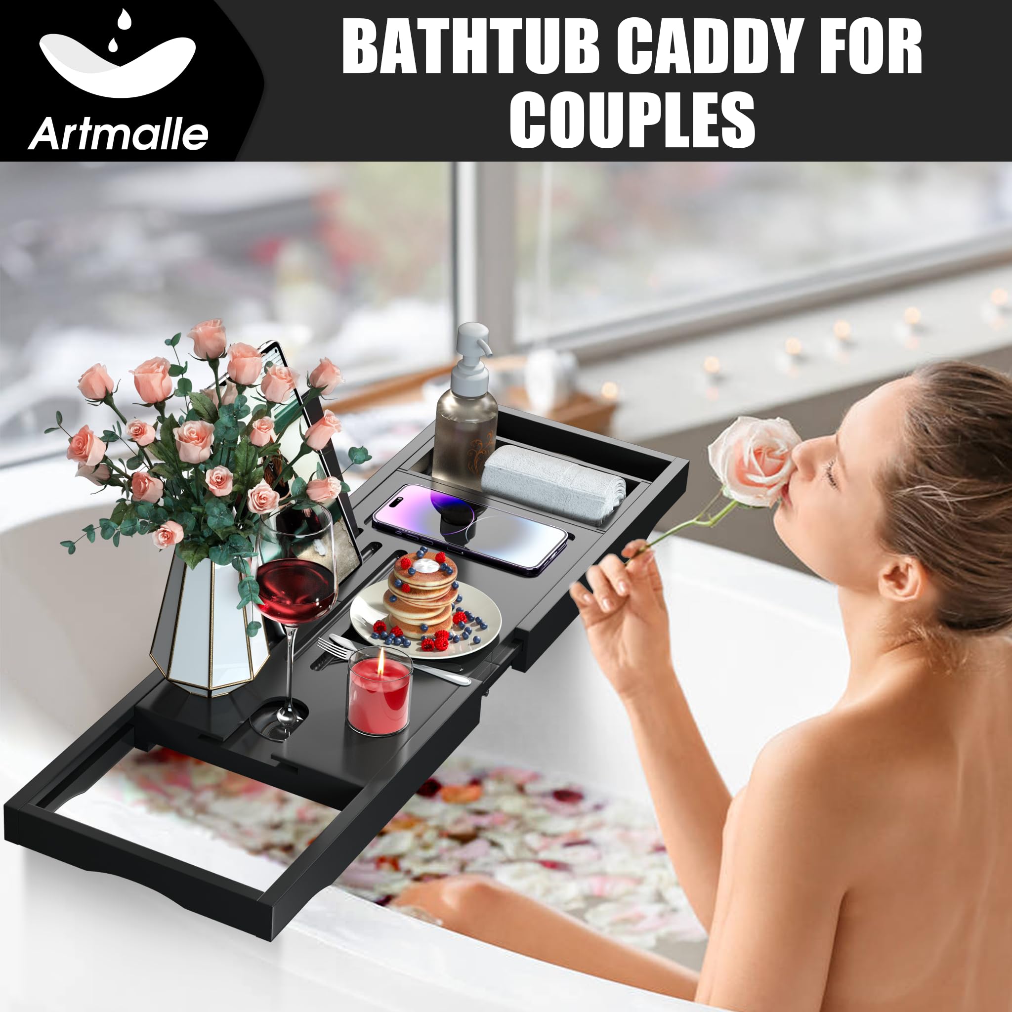 **Foldable Bamboo Bathtub Tray with Book Holder & Soap Dish – Luxury Bath Caddy for Women & Men – Perfect for Relaxing Baths, Reading, and Spa Nights (Semi-Simple, Black)**