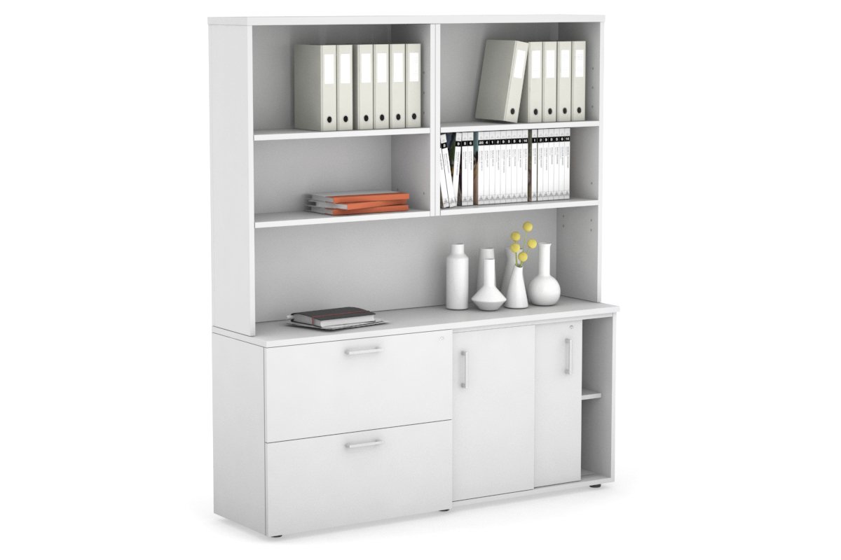 2-Door Sliding Credenza with 2 Drawers & Open Hutch - Modern Office Storage Cabinet for Files, Supplies & Decor - Perfect for Home Office, Conference Rooms & Workspaces