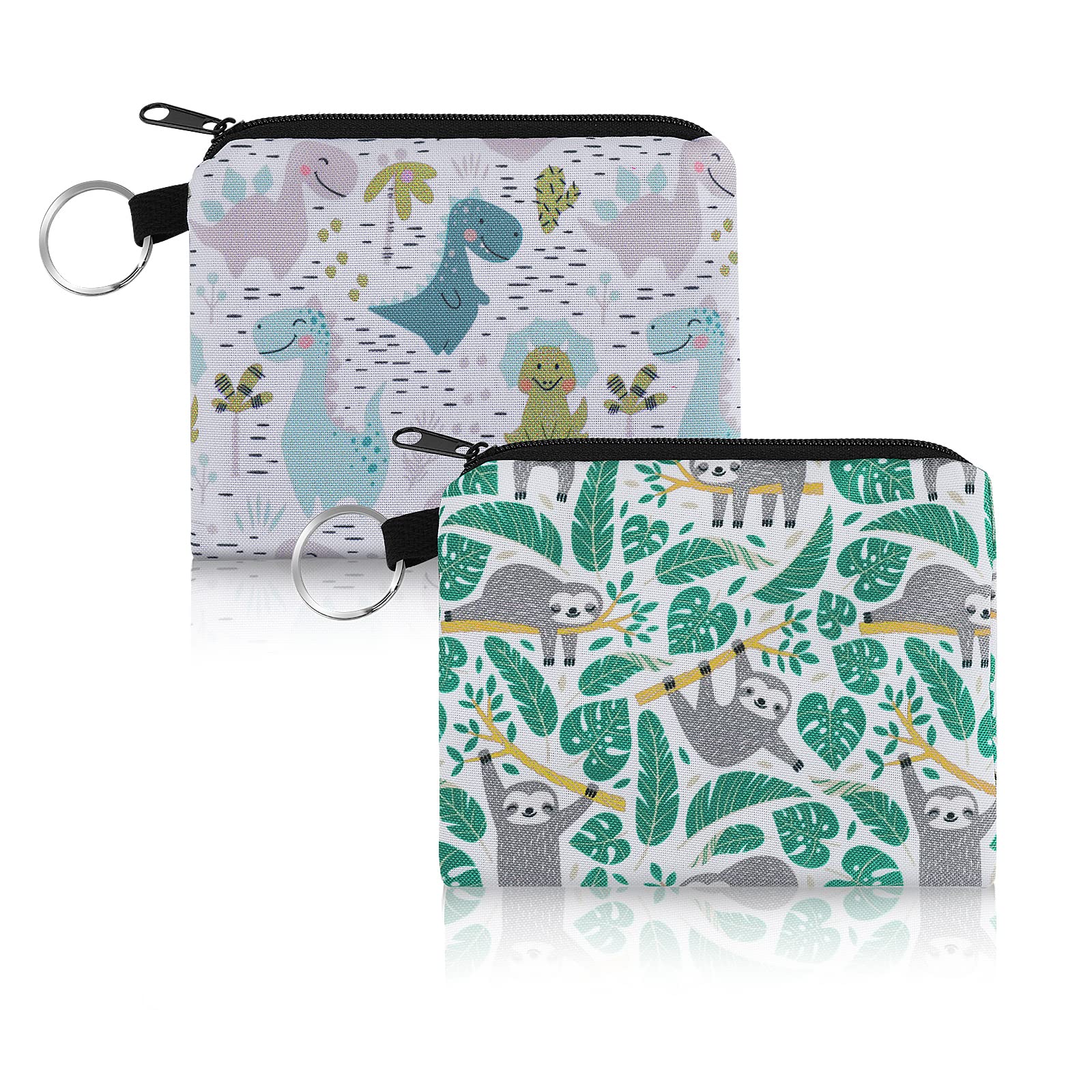 2 Pack Sloth & Dinosaur Print Zipper Pouch - Cute Canvas Coin Purse, Travel Toiletry Bag, Makeup Organizer, Keychain Wallet for Women & Kids - Perfect for School, Gym, Camping & Daily Essentials Storage