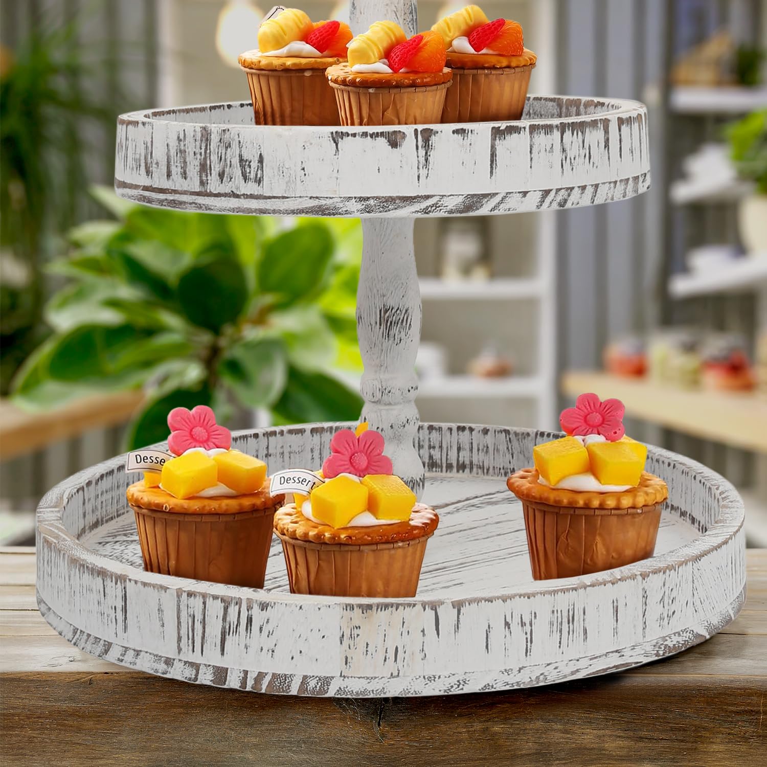 Farmhouse Style 3-Tier Adjustable Serving Tray Stand - White Decorative Tiered Tray for Cupcakes, Cake Pops & Desserts - Perfect for Thanksgiving, Christmas & Holiday Parties, Kitchen Display & Home Decor