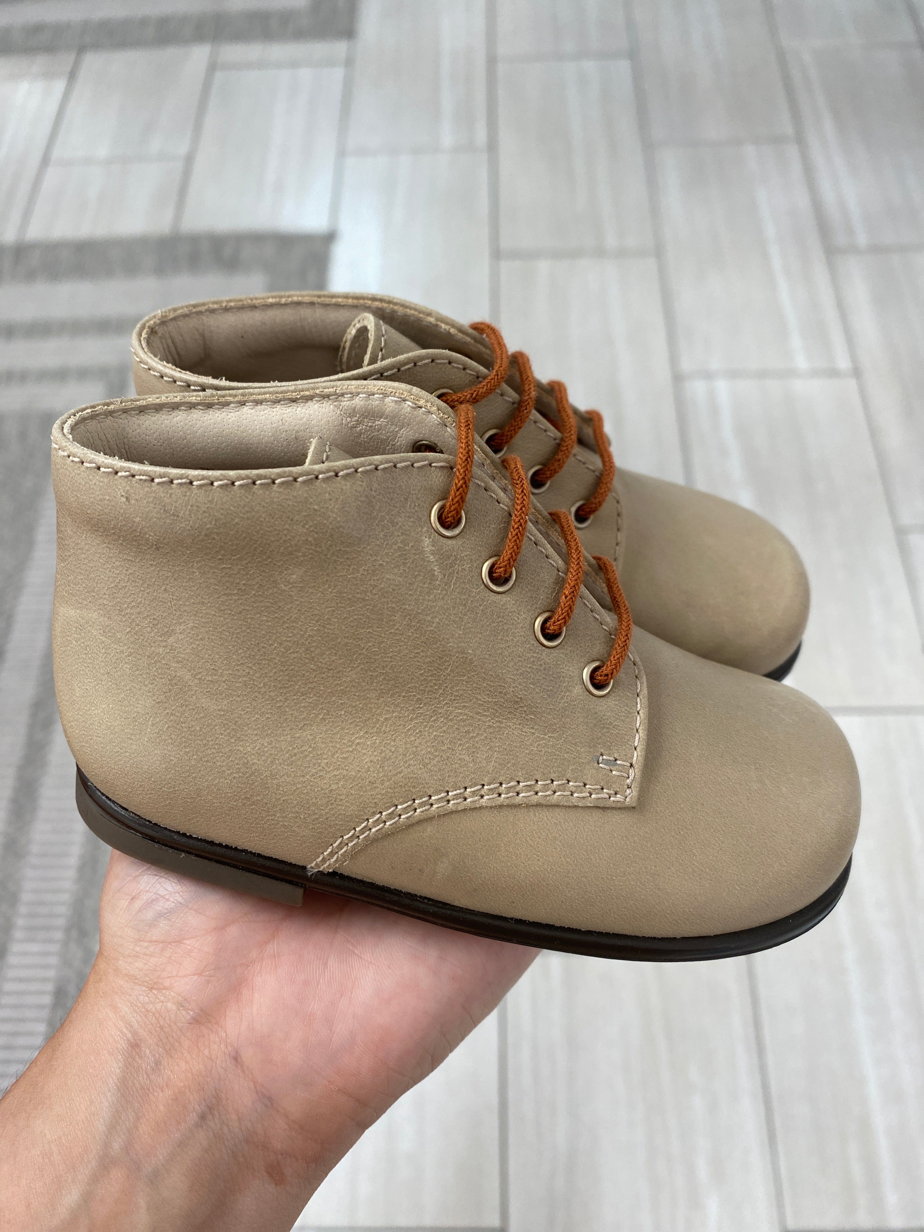 Beberlis Taupe Vintage Baby Booties - Soft Leather First Walkers for Newborns & Infants - Perfect for Photo Shoots, Baby Showers & Special Occasions