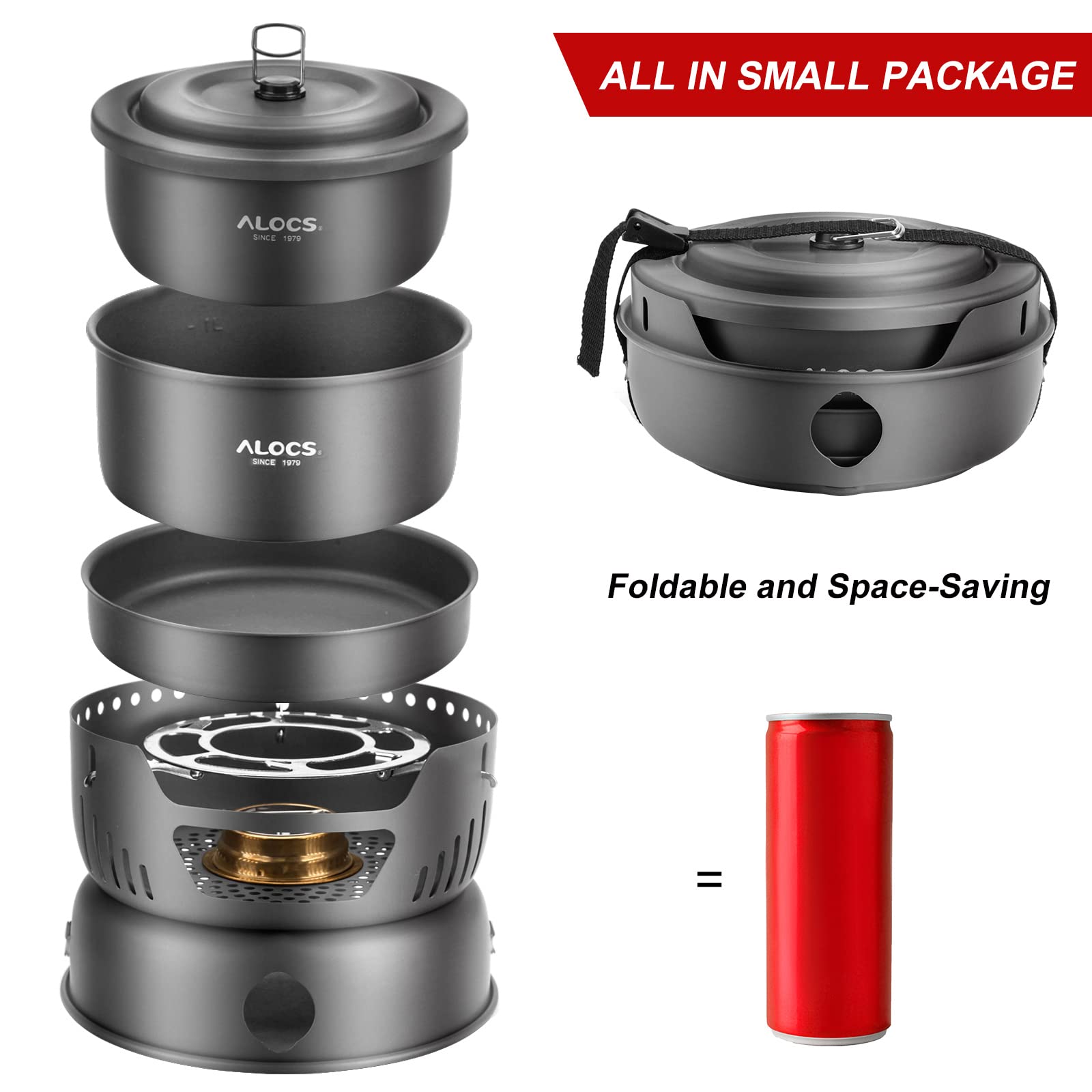 ALOCS 11-Piece Lightweight Camping Cookware Set with Alcohol & Gas Stove Burner - Portable Outdoor Cooking Kit for Camping, Hiking, Backpacking & Picnics | Durable Stainless Steel Pots & Pans for RV, Survival & Emergency Preparedness