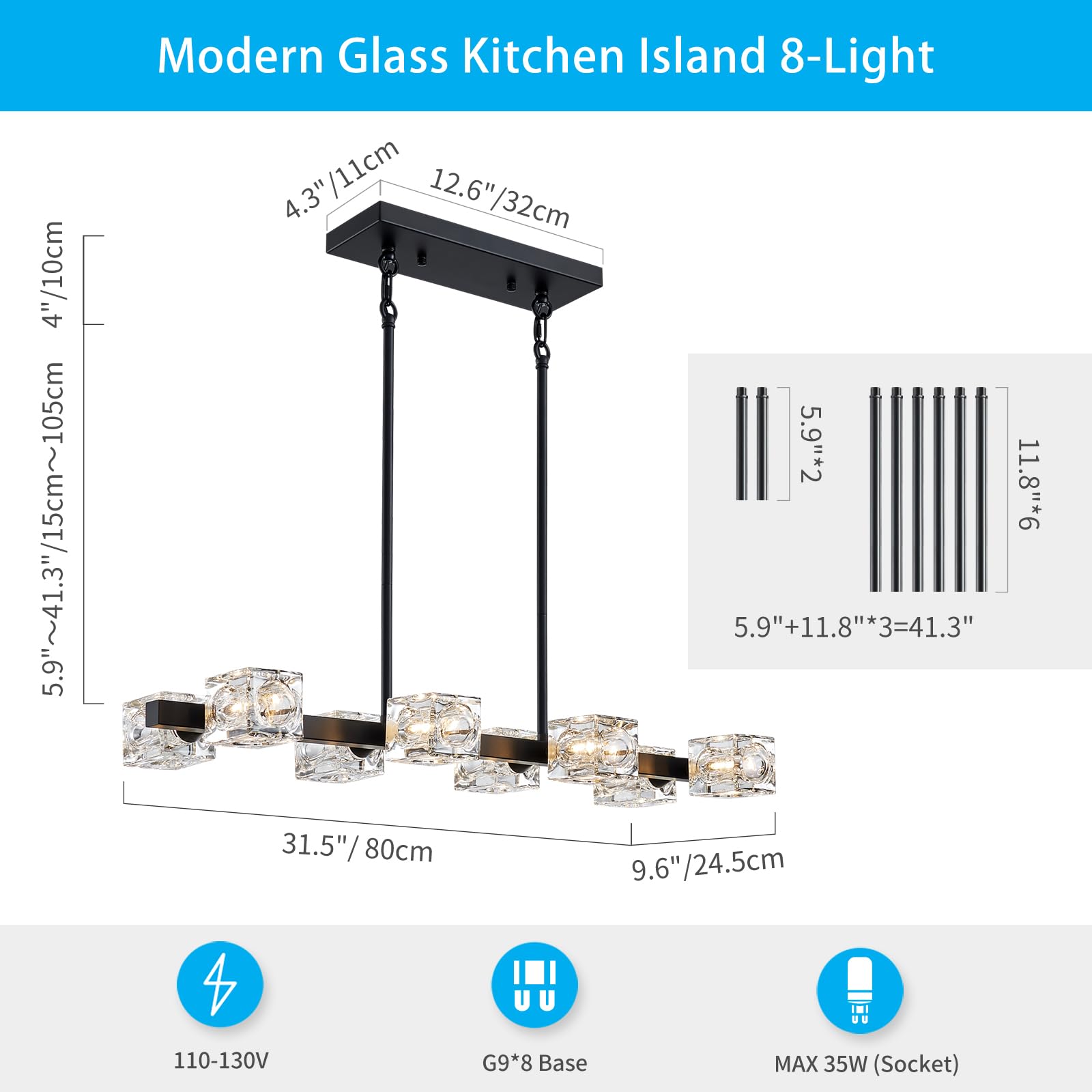 Modern Black Rectangular Linear 8-Light Chandelier - Metal & Glass Farmhouse Lighting Fixture for Dining Room, Kitchen Island, Office & Living Room | Elegant Ceiling Light for Home Decor & Interior Design