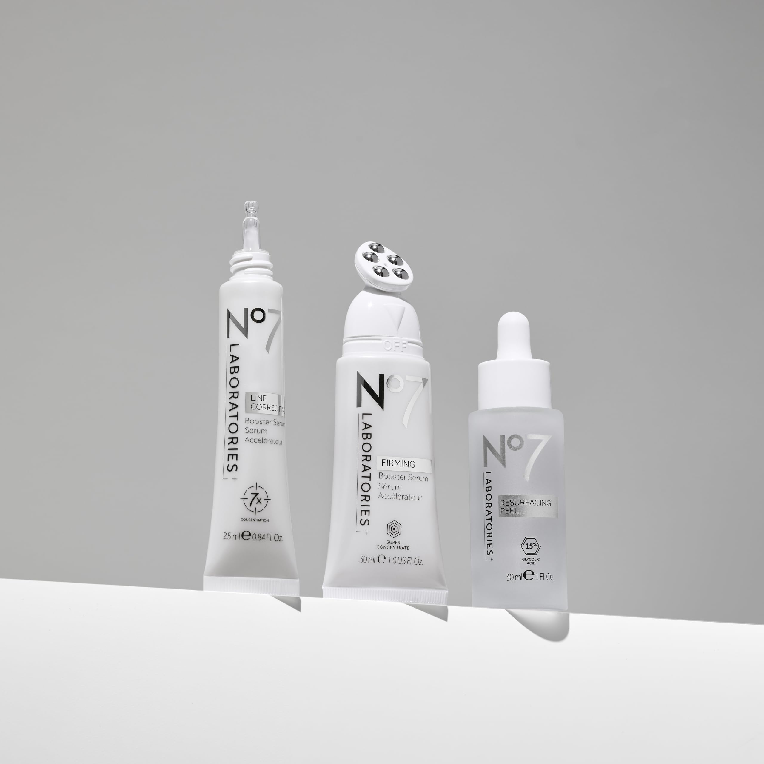No7 Laboratories Glycolic Acid Resurfacing Peel 15% + Line Correcting & Firming Booster Serums - 3-Piece Anti-Aging Skincare Set for Brightening, Wrinkle Reduction & Skin Renewal | Perfect for Night Routine & Mature Skin Care