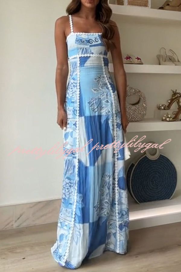 Terrazza Ric Rac Trims Unique Print Back Tie-Up Slip Flared Maxi Dress for Women | Summer Beach Wedding Party Outfit