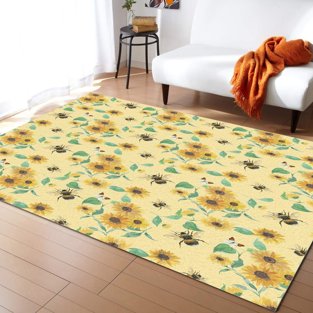 4'x6' Vintage Yellow Floral Rectangle Area Rug with Sunflower and Bee Design - Large Non-Slip Floor Mat for Entryway, Front Porch, Kitchen, Laundry Room, Bathroom & Bedroom Decor