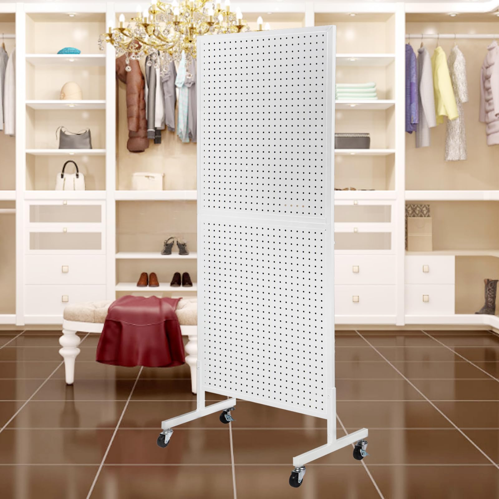 2'x5' Metal Pegboard Display Stand with 30 Hooks & Wheels - White | Wall Mount or Freestanding Retail Display Rack for Store Organization, Workshop Tools & Home Garage Storage