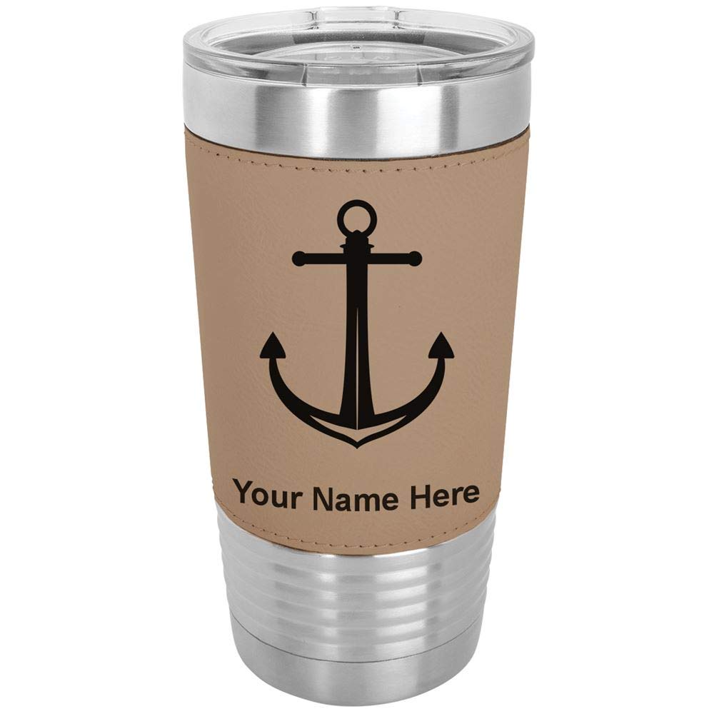 LaserGram 20oz Vacuum Insulated Stainless Steel Tumbler Mug with Boat Anchor Design - Personalized Engraving Included (Faux Leather, Light Brown) - Perfect for Coffee, Tea & Cold Drinks at Home, Office or Travel