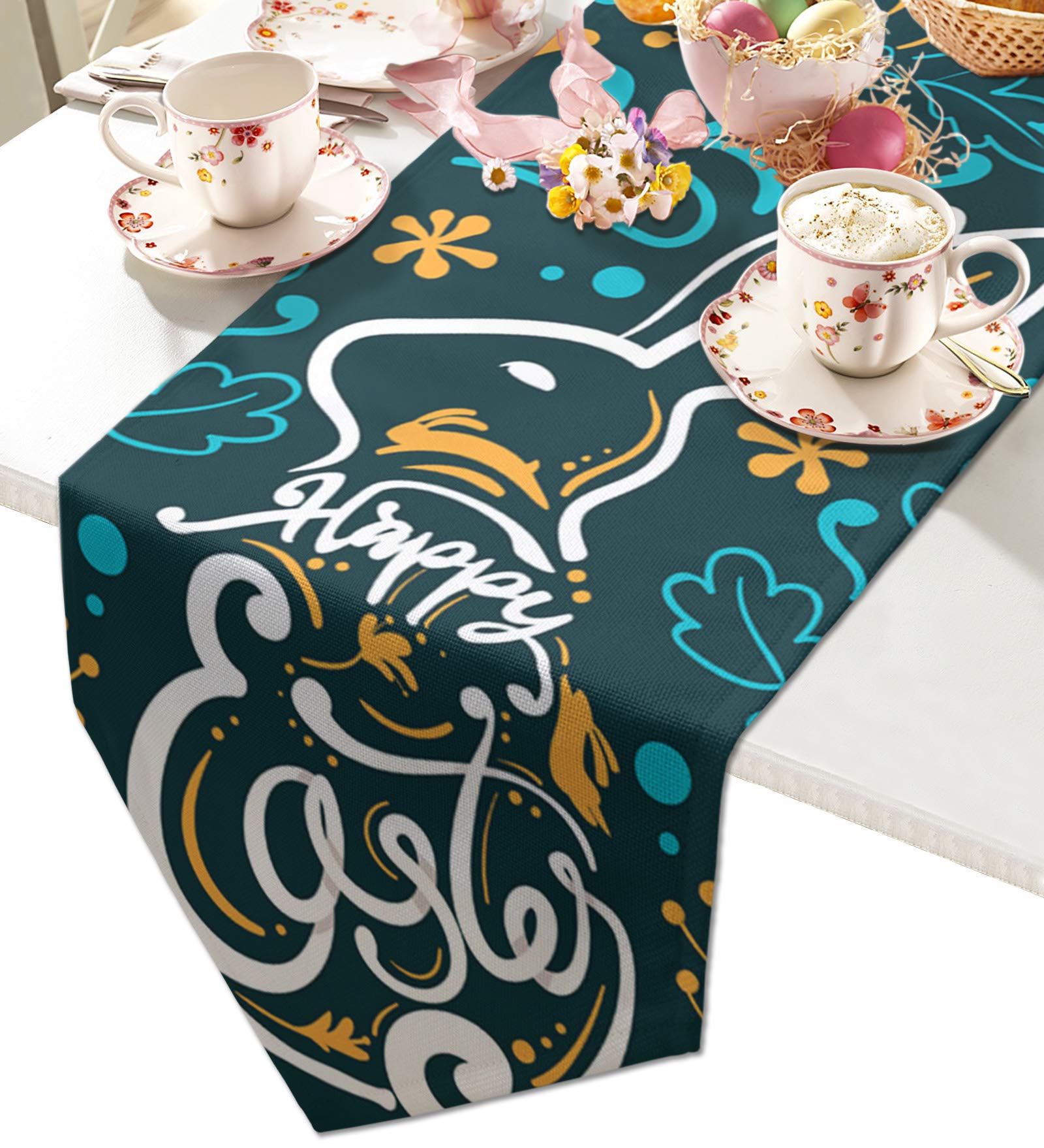 120 Inch Long Easter Table Runner - Abstract Lines with Rabbit & Leaves Design, Non-Slip Washable Burlap Table Linen for Family Dinners, Parties, Weddings & Gatherings | Perfect for Indoor & Outdoor Decorations