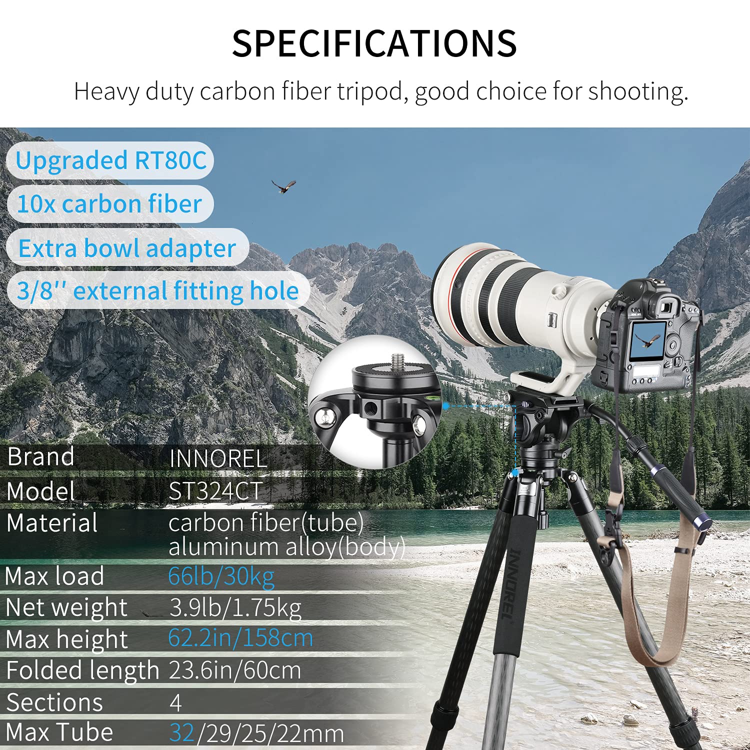 INNOREL ST324CT 32mm Carbon Fiber Tripod - Heavy Duty Professional Camera Tripod with Nut Lock, 30kg Max Load, 13-158cm Adjustable Height, Includes 58mm Bowl Adapter, Carry Bag & Camera Strap - Perfect for Photography, Videography, and Outdoor Shooting