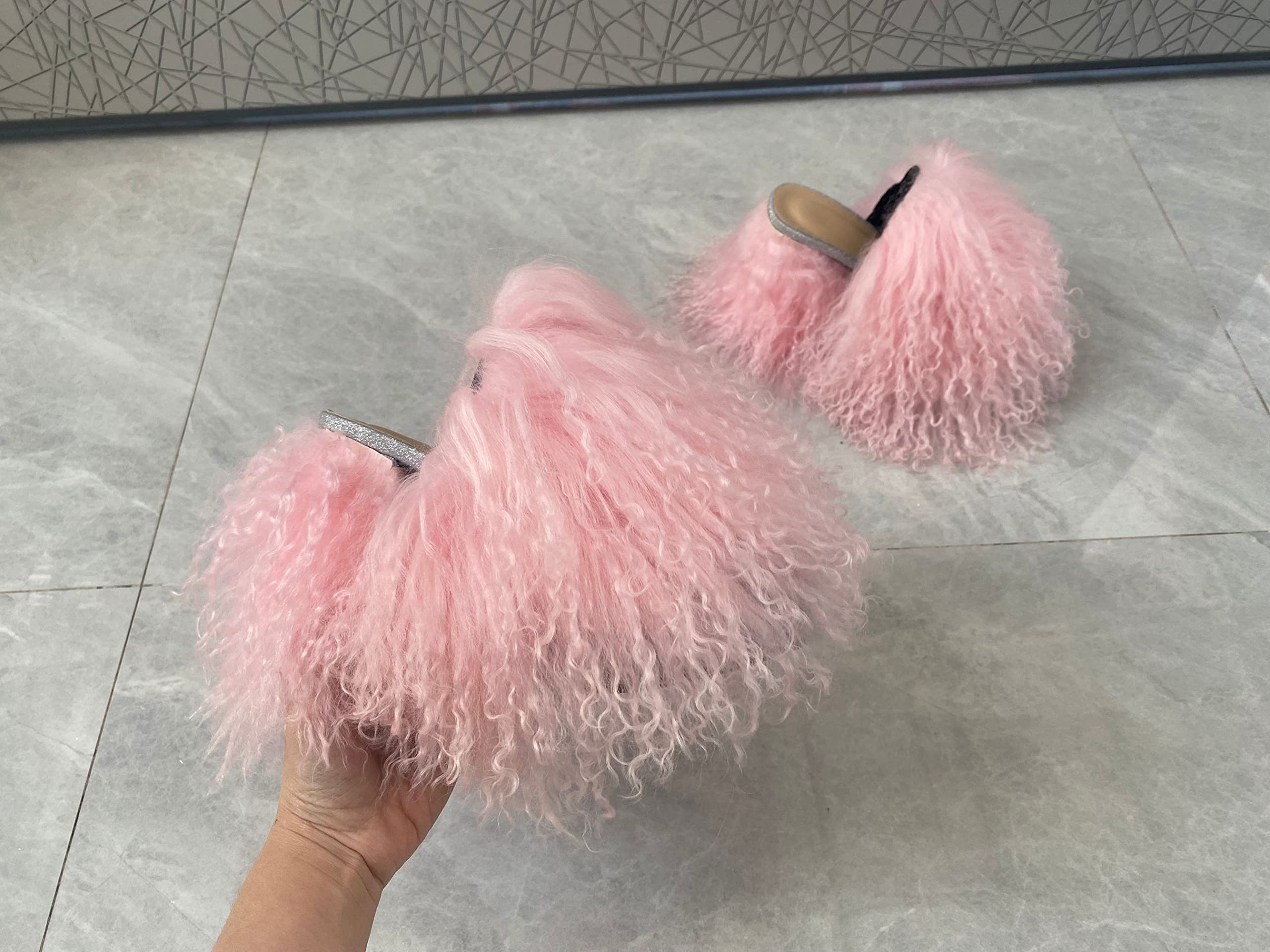 RSN3 Women's Summer High Heel Peep Toe Sandals with Genuine Mongolian Sheepskin Curly Fur - Fashionable Slippers & Slides for Ladies, Girls Parties, Nightclubs, Shopping & Summer Outfits - Comfortable Dress Shoes for Weddings, Beach Vacations & Date Nights (Size 7, Green)