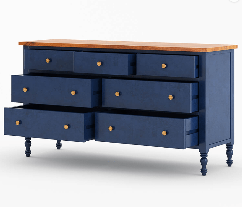 Hand Carved Blue Wooden 7-Drawer Dresser Chest - Vintage Storage for Bedroom, Living Room & Office Organization
